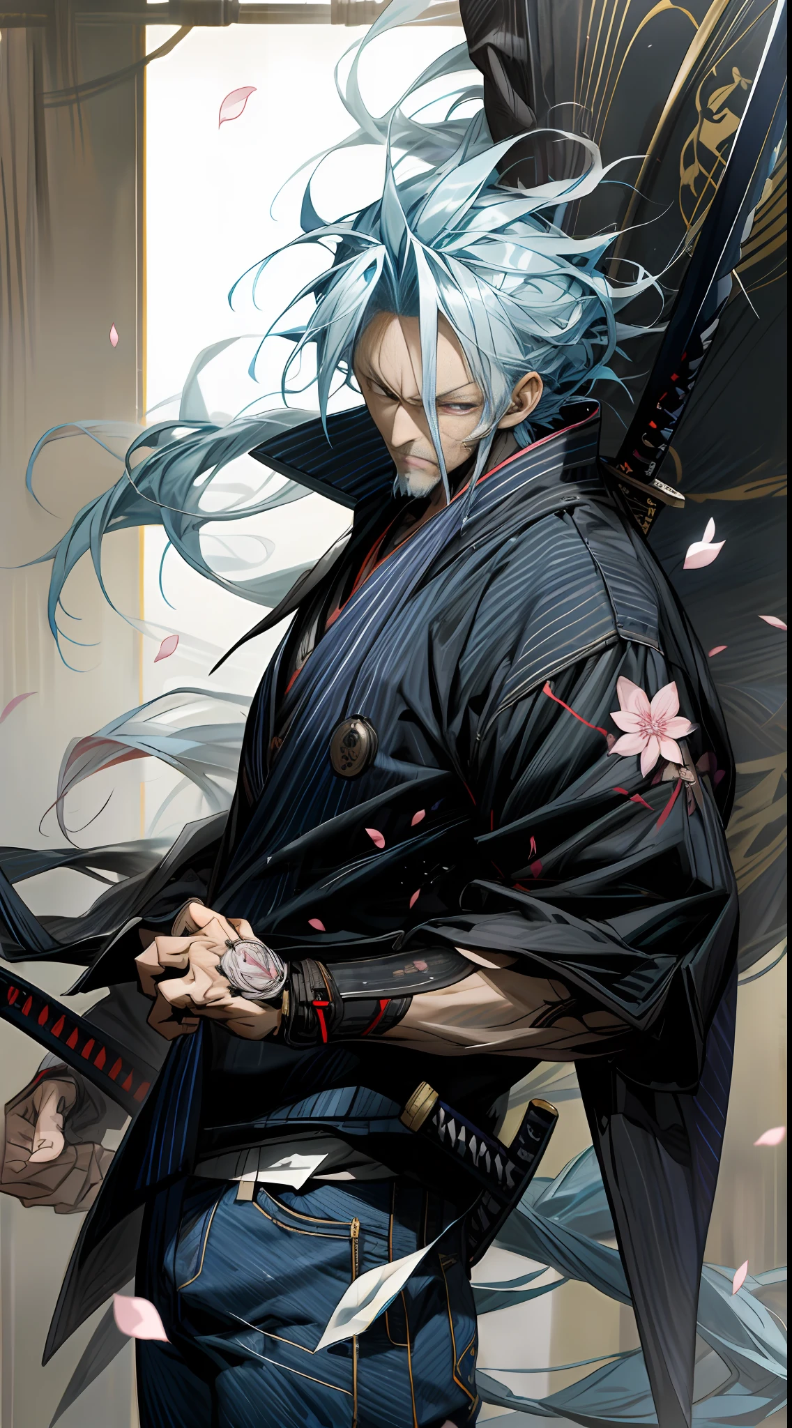 (8K quality), Niji5 anime samurai, katana, petals fluttering, very cool! ), violent aesthetic male, in suit, blue, middle-aged, masculine., striped hair, red eyes, facial hair, serious, jichemi, cinematic lighting, viewfinder, denim lens, masterpiece