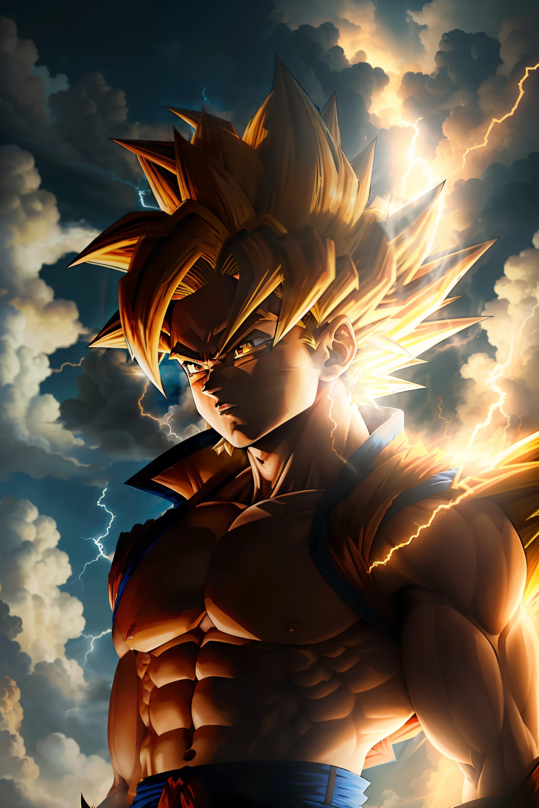 masterpiece, best quality, goku, super Saiyan4, yellow hair Have lightning on your body Above the clouds