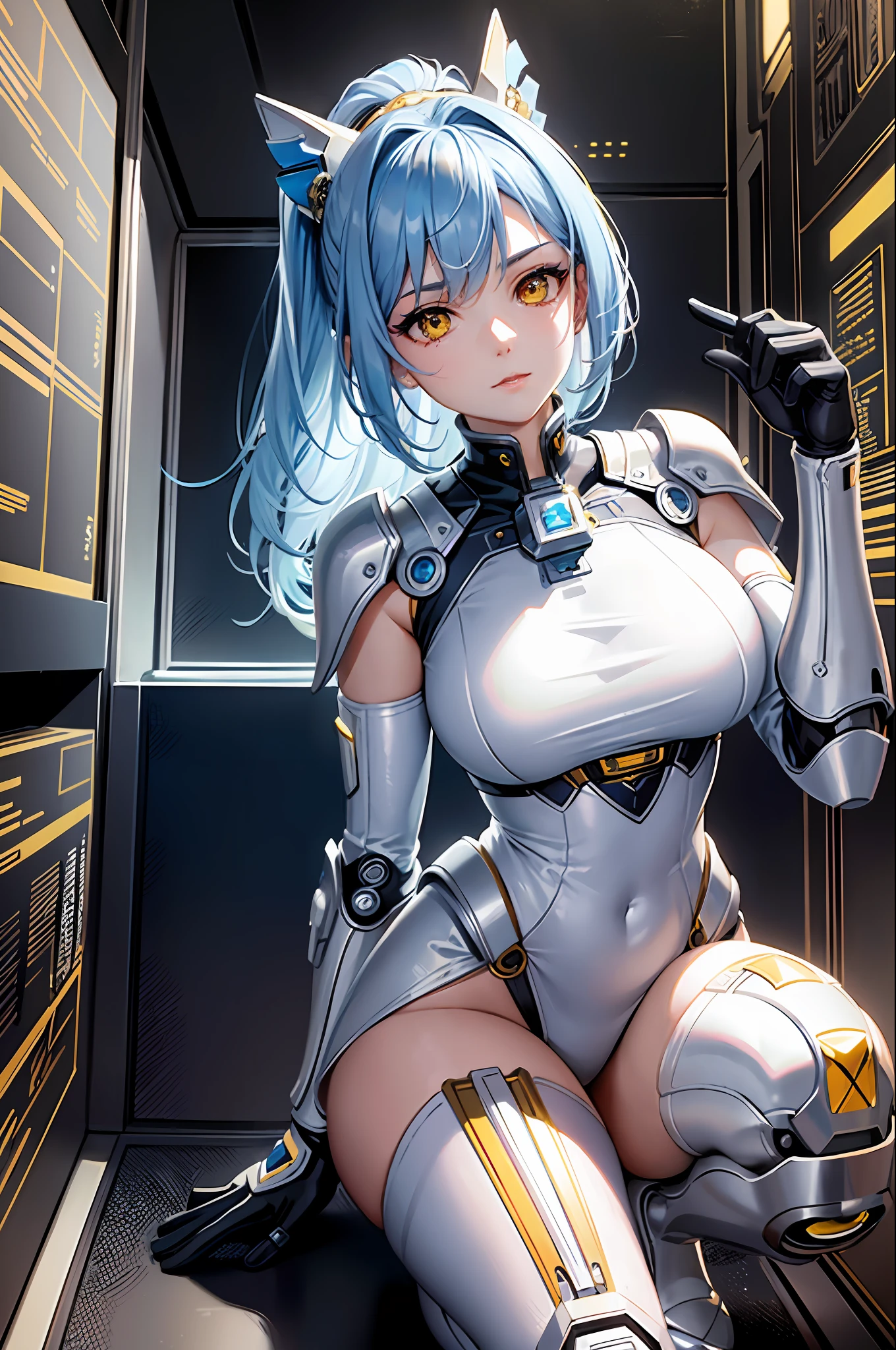 (((masterpiece))), (((best quality))), ((ultra-detailed)), (highly detailed CG illustration), ((an extremely delicate and beautiful)), cinematic light,((1girl)), solo, (upper body), (character focus), absurdres, high contrast, extreme detailed,colorful,highest detailed, science fiction, nanosuit, high ponytail, (light blue hair), yellow eyes, knee boots, (spacecraft interior), mechanical limbs, large breasts, metal wire,