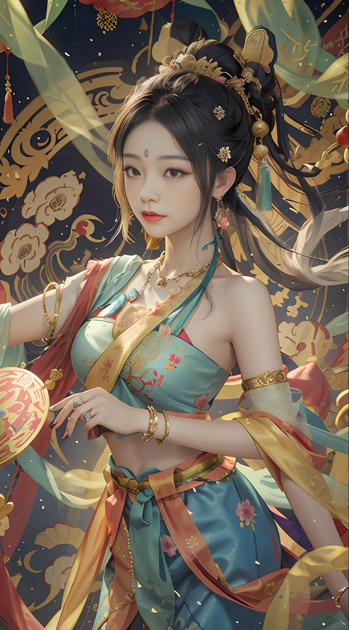 An ancient Chinese beauty with gorgeous costumes embroidered with intricate embroidery, with transparent colorful streamers tied around her arms, flowing, showing her navel, bare shoulders, open neck with buns, flower hairpins, armbands tied with streamers, bracelets, anklets , with metal chain tassels around the waist, Mogao Grottoes art, Dunhuang Flying Apsaras mural inspiration, ink wash, cgstation popular --v 6