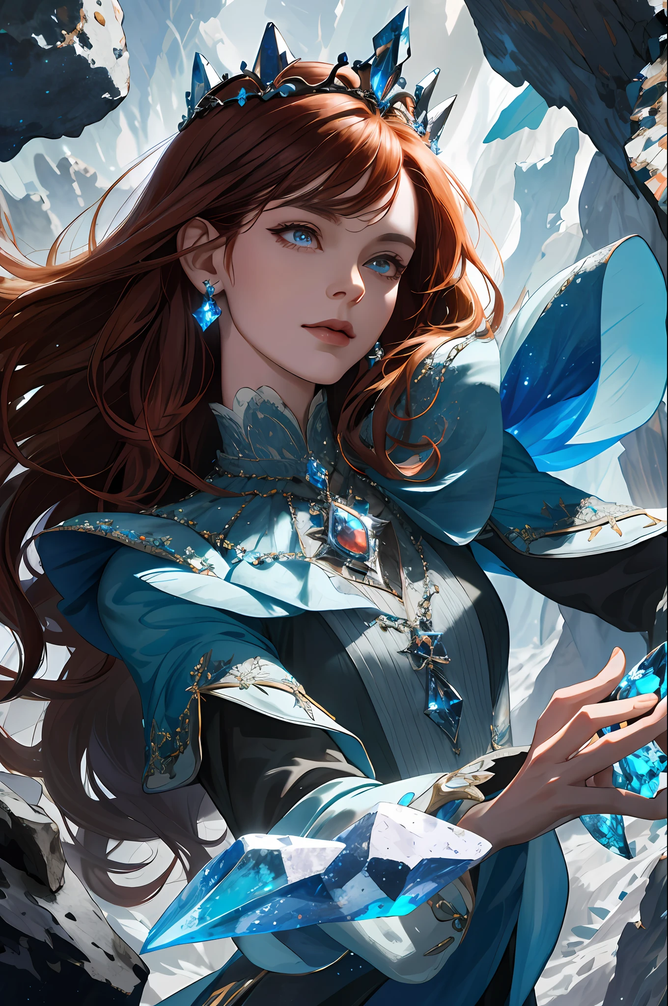 (absurdres, highres, ultra detailed), 1woman, mature female, aged up, wavy long hair, auburn hair, coral eyes, bangs, long sleeves, finely detailed eyes and detailed face, extremely detailed CG unity 8k wallpaper, intricate details, (style-swirlmagic:1.0), looking at viewer, solo, upper body, detailed background, close up, detailed face, (gothic dark ages theme:1.1), crystal sorcerer, dynamic pose, earth themed clothes, crystal crown, floating in the air, glowing magical shards, surrounded by blue magical crystals, rock formations, stalactites, magical floating particles, crystal glass, crystal sphere, crystal canyon background, (shallow water:0.7), epic ethereal atmosphere, updraft,, portrait