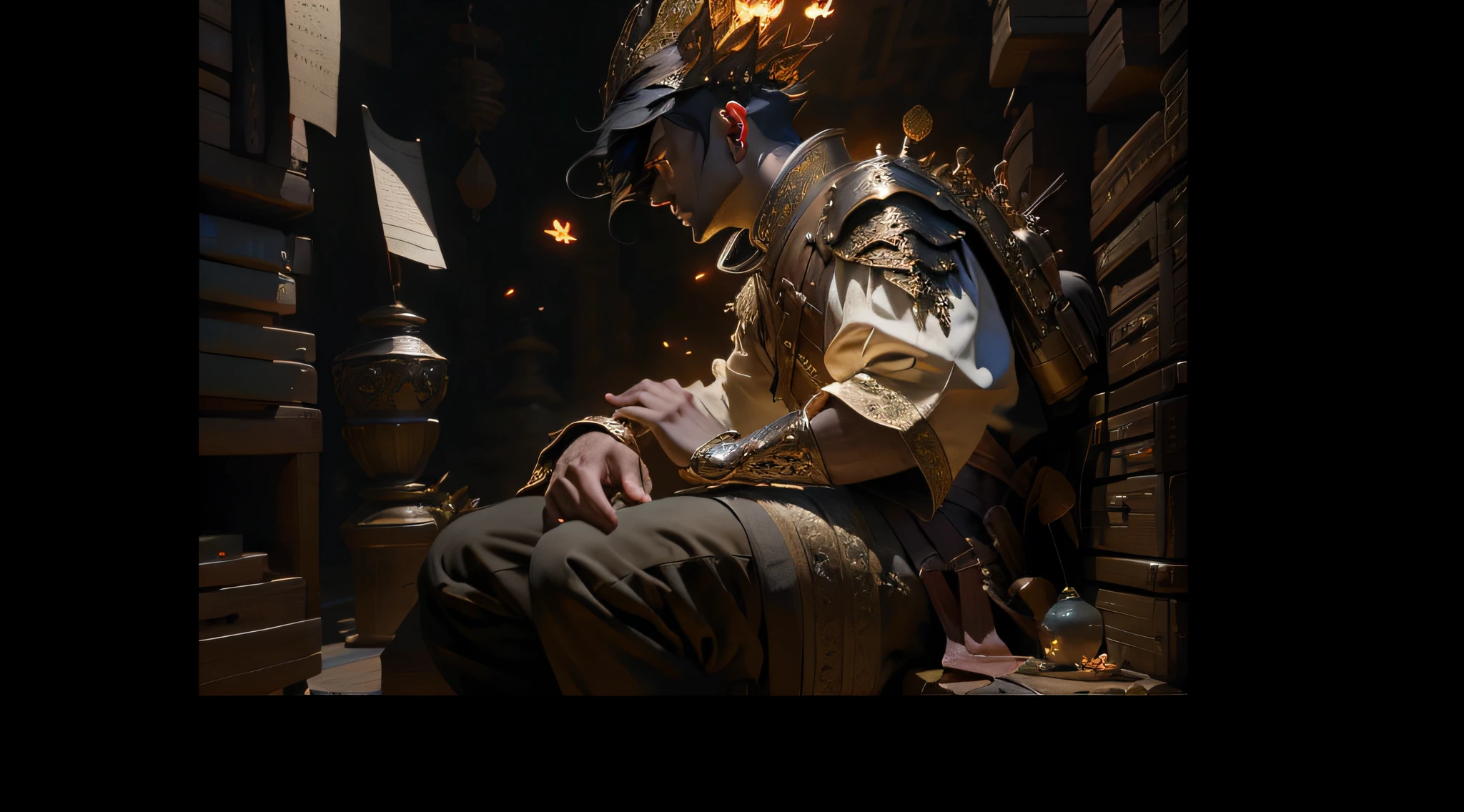 An adult Chinese man with freckles, atmospheric distance sense, full body picture, epic fantasy digital art style, epic fantasy art style HD, epic fantasy art style, detailed fantasy digital art, epic fantasy style art, epic exquisite character art, 4K fantasy art, 2. 5 D CGI anime fantasy artwork with man wearing a flower on his head, photo of the most beautiful artwork in the world with a soft sheen, ((epic hero fantasy, wounded hero, dynamic pose of dying on the floor, great location, majestic clutter environment)), full body 8k uniform rendering, action shots, skin pores, very dim lighting, heavy shadows, detailed, detailed face, (vibrant, photo realistic, realistic, dramatic, dark, sharp focus, 8k), (Complex: 1.4), Decadence, (High Detail: 1.4), Digital Painting, Octane Rendering, ArtStation, Concept Art, Smooth, Sharp Focus, Illustration, Artgerm Art, (Loish:0.23), Wlop Ilya Kuvshinov, and Greg Rukowski and Alphonse Mucha Gracias, (Global illumination, studio light, volumetric light), particle floating,