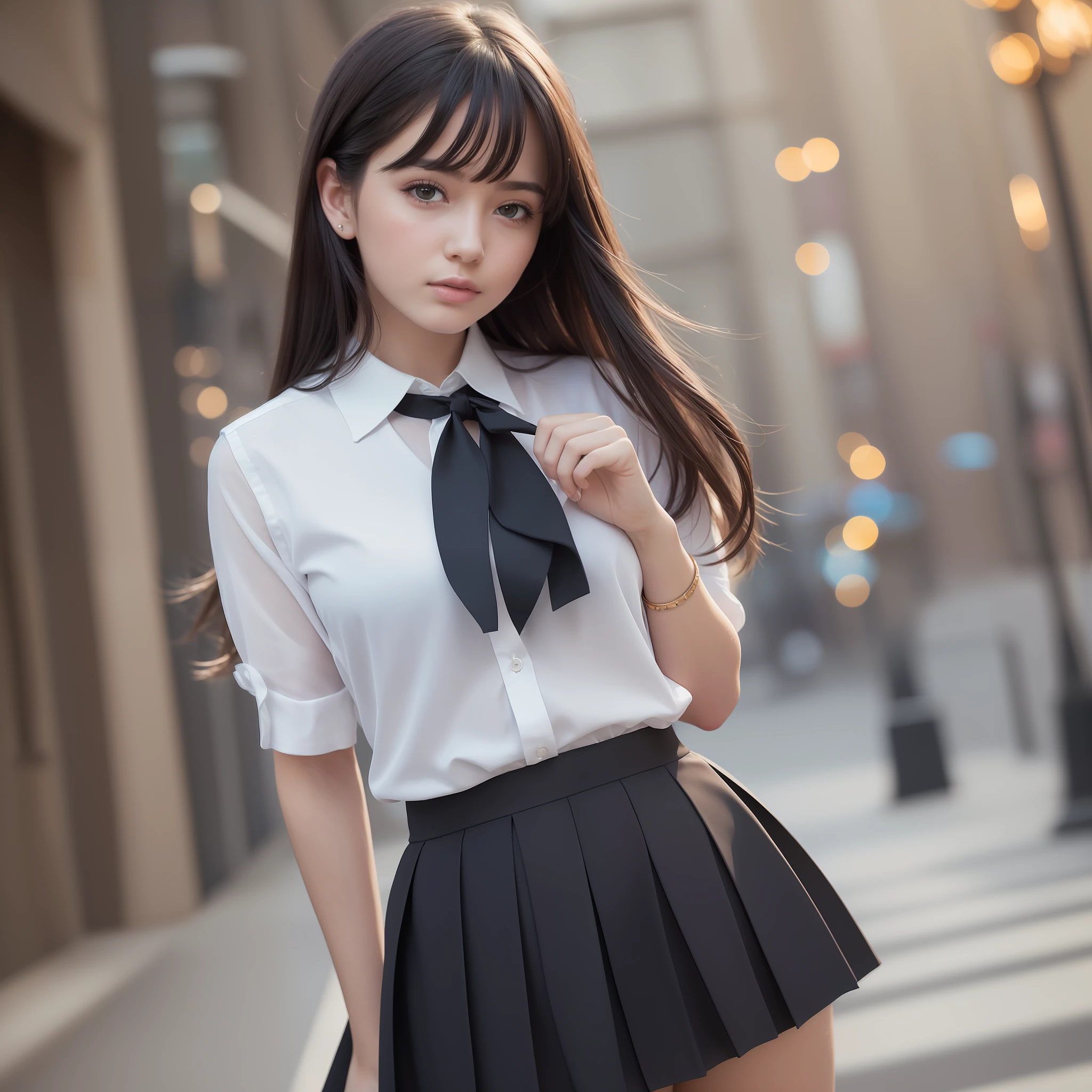 Top Quality, Masterpiece, One Girl, Beautiful Face, (Photorealistic Picture:1.3), Rim Lighting, (High Detail Skin:1.2), High Quality, High Resolution, 4K, Bokeh, Absurdity, Best Ratio Four Fingers and One Thumb, (Real:1.3), Cute 1 Girl, Middle Breast, Straight Hair, Black Hair, Black Eyes, Pleated Skirt, Blouse