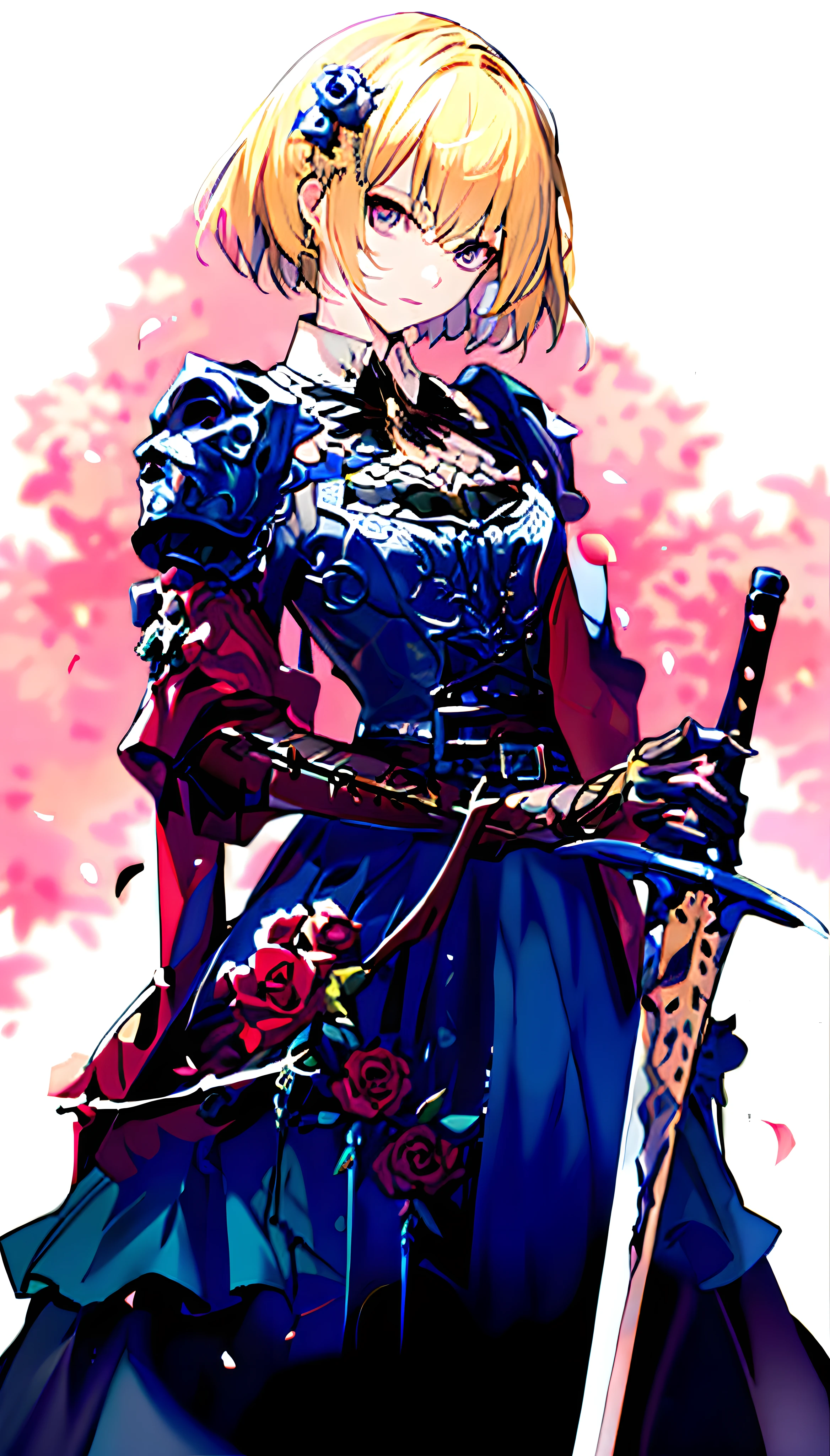 Rose swordsman, blonde girl with rose flowers on her head, flowing long skirt, gothic