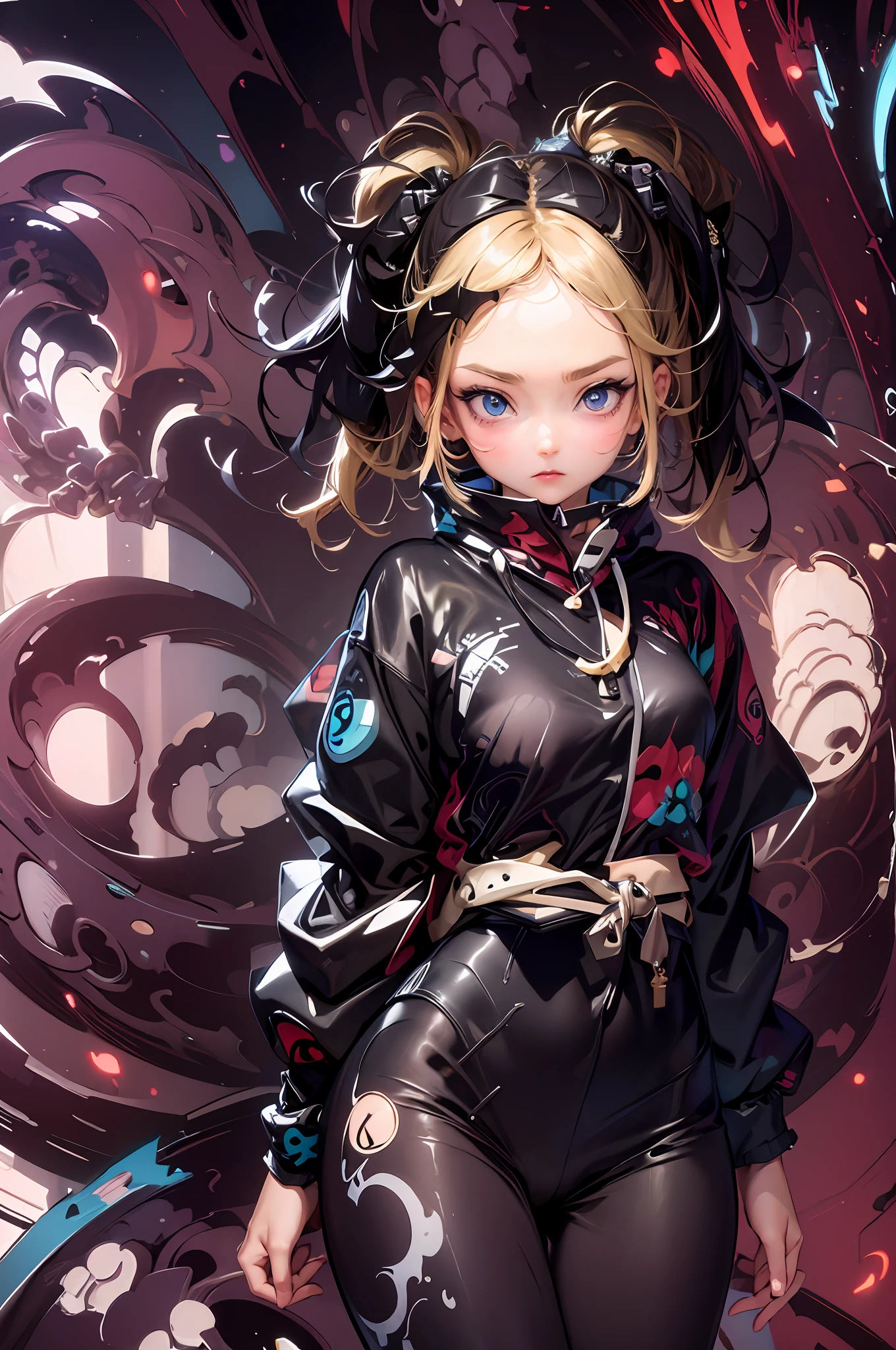 (absurdres, highres, ultra detailed), (1girl:1.3),((ultra anime eyes details:1.3)), twintails, blonde hair, BREAK , digital sculpture, 3D modeling, computer-generated forms, virtual art, cutting-edge technology, innovative design, futuristic creations BREAK , psychedelic art, vibrant colors, swirling patterns, optical illusions, hallucinatory visuals, mind-expanding imagery, counterculture influence BREAK , urban style, street-inspired clothing, oversized jackets, graphic prints, statement sneakers, bold accessories, modern cuts, (cowboy shot:1.3)
