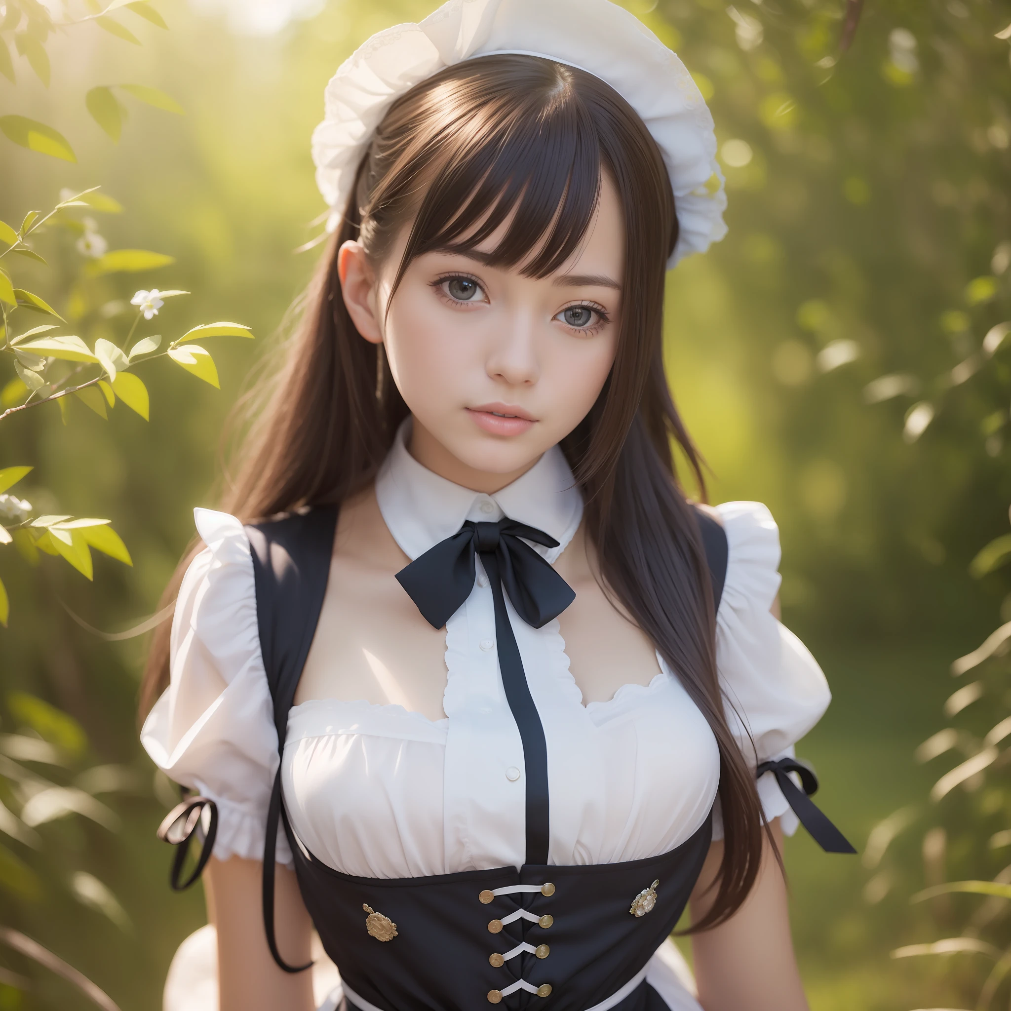 Top Quality, Masterpiece, 1 Girl, Beautiful Face, (Photorealistic Picture:1.3), Rim Lighting, (High Detail Skin:1.2), 4K, DSLR, High Quality, High Resolution, 4K, Bokeh, Absurdity, Best Ratio Four Fingers and One Thumb, (Real:1.3), Cute 1 Girl, Maid Clothes, Middle Breasts,