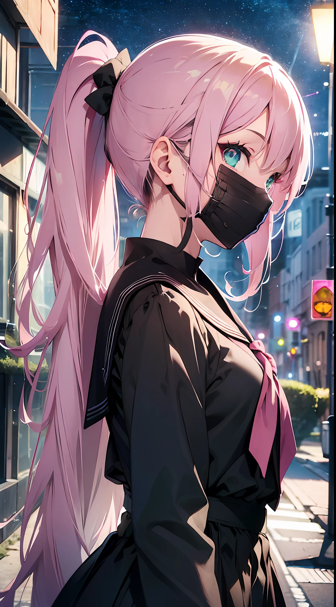 ((Long long skirt)) Arms crossed (wearing a black fiber mask). (((masterpiece))), (super detailed, top quality, high resolution, 8k wallpapers, beautiful clothes,), seen from the side (one girl) (pink hair, long hair, straight hair, ponytail)) ((green eyes)), eyeshadow, eyeliner, glowing eyes, ultra-detailed eyes, complex eyes, beautiful eyes, (glowing pink pupils)) 18 years old. Sailor suit, in black. Get angry. Glare. Park at night