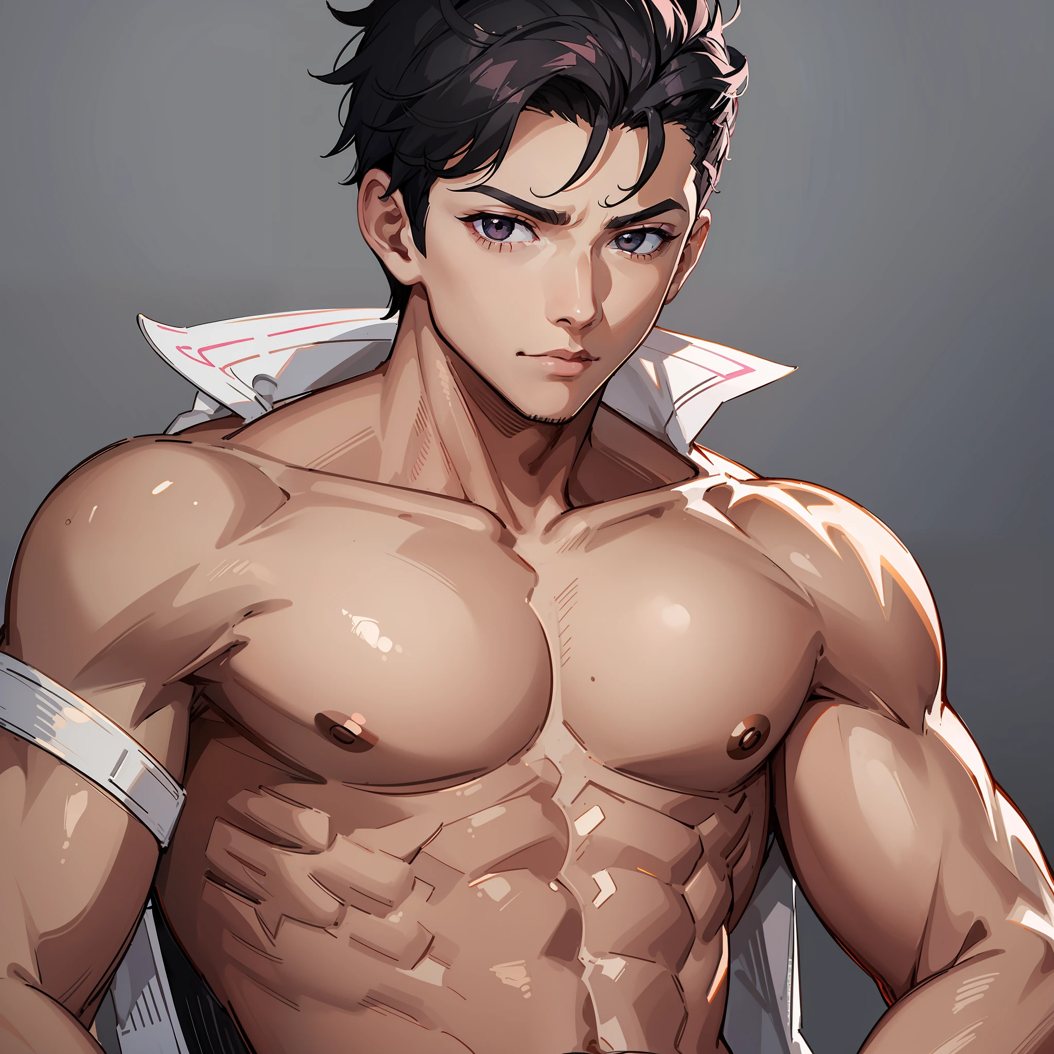 1boy, young posing, gorgeous, muscular, black-eyed, shirtless, short dark hair undercut cut style disconnected, on a white background, black crown on his head, pink details