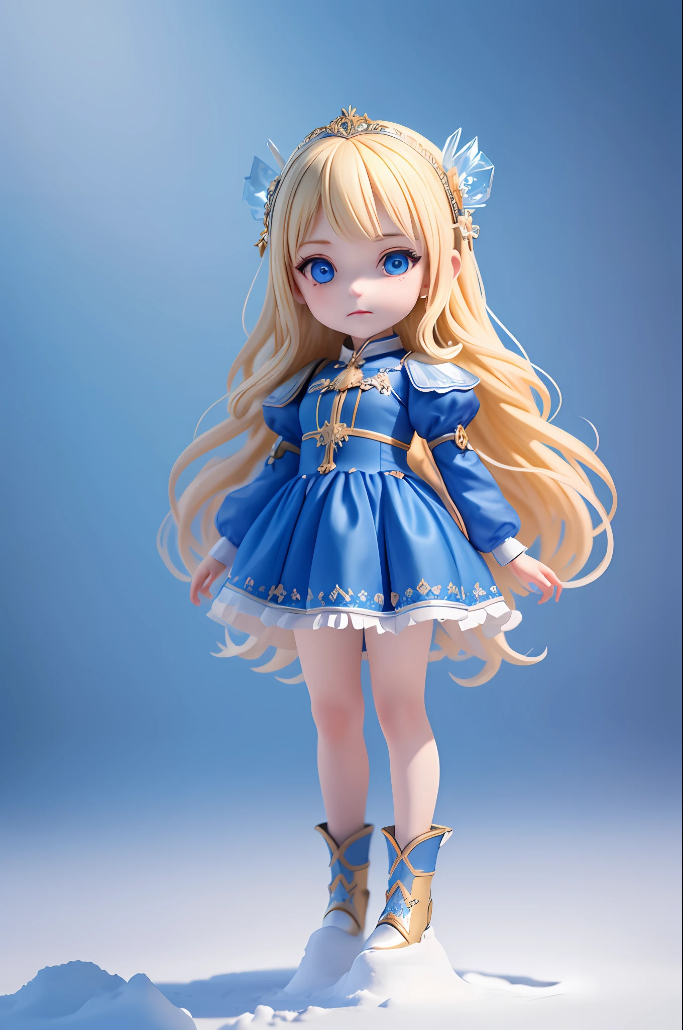 (((masterpiece))), (((best quality))), ((ultra-detailed)), (highly detailed CG illustration), cinematic light, intricate detail, full body, chibi , blonde hairs, blue eyes, blue clothes, arcana, full body, ice castle background, standing in the snow