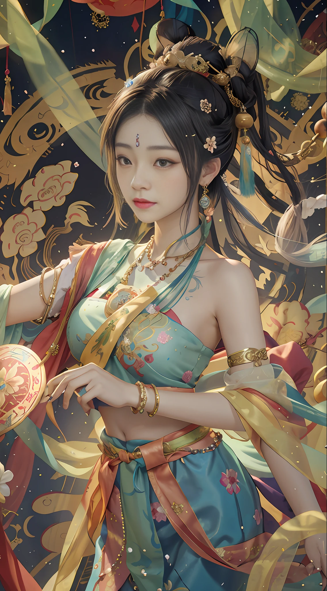 An ancient Chinese beauty with gorgeous costumes embroidered with intricate embroidery, with transparent colorful streamers tied around her arms, flowing, showing her navel, bare shoulders, open neck with buns, flower hairpins, armbands tied with streamers, bracelets, anklets , with metal chain tassels around the waist, Mogao Grottoes art, Dunhuang Flying Apsaras mural inspiration, ink wash, cgstation popular --v 6