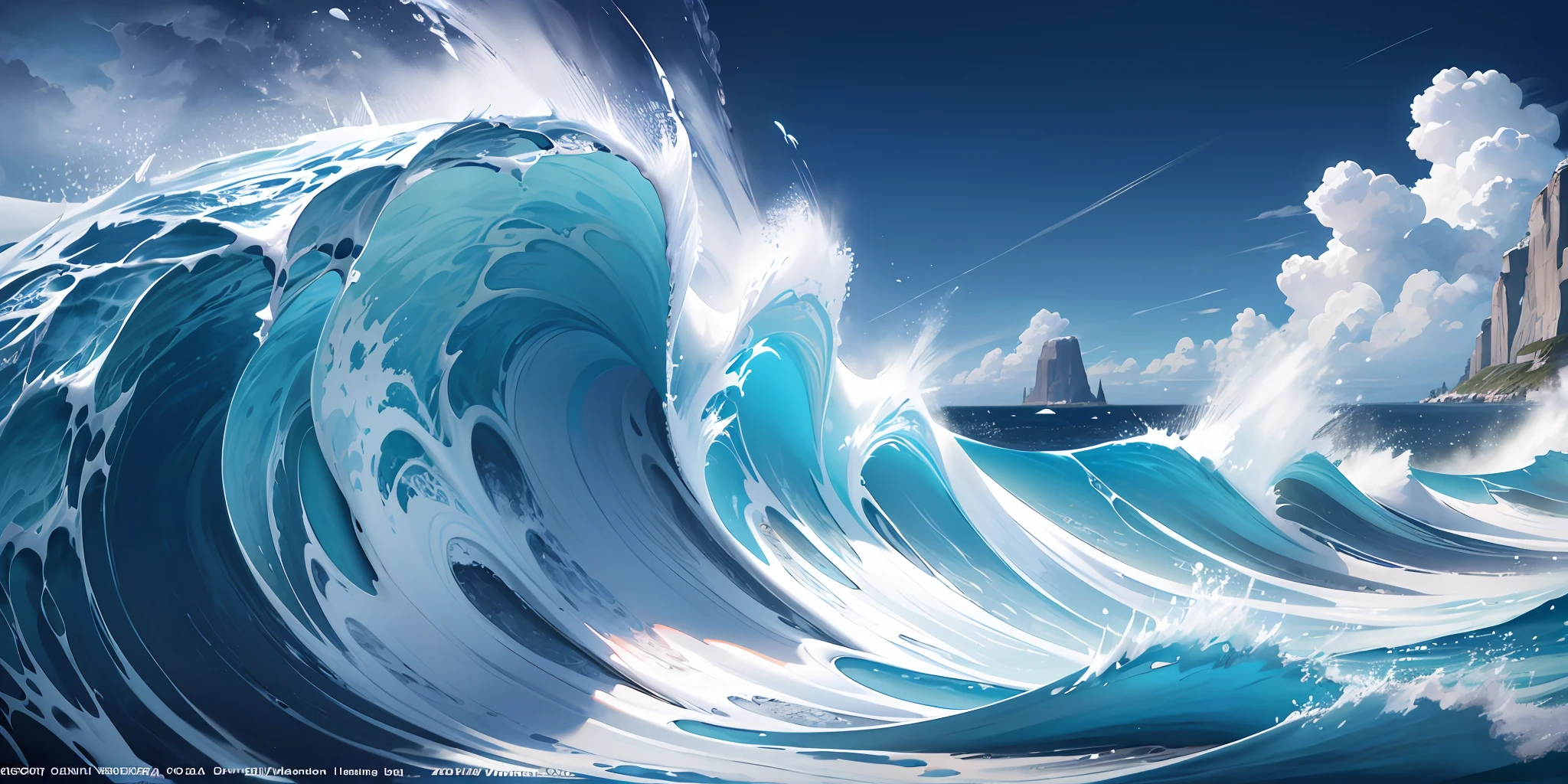 Masterpiece, best quality, official art, extremely detailed CG unified 8k wallpaper, no man, landscape painting, white waves separated to both sides, sea water, white, blue, cyan,
