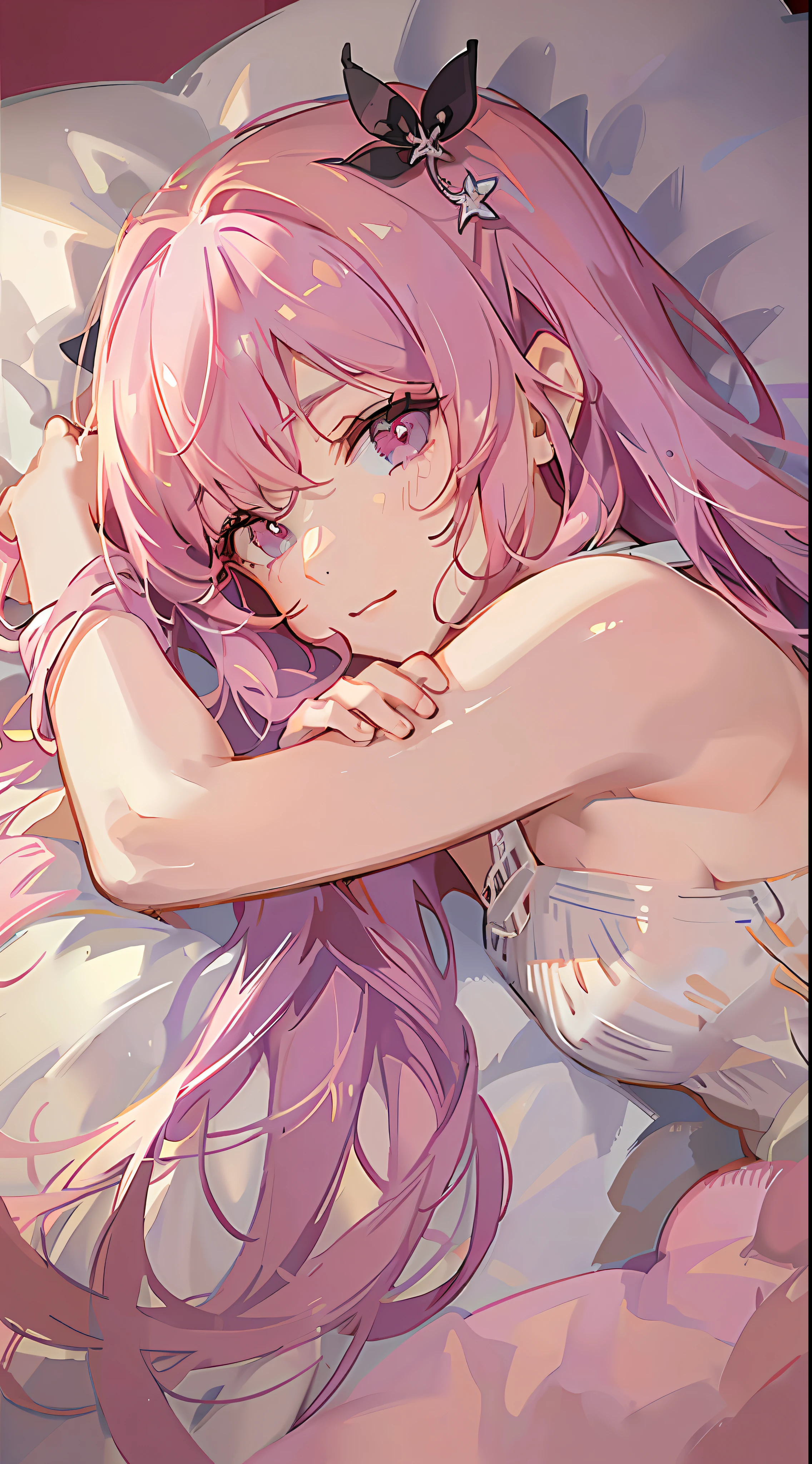 Sleeping, 5 years old loli, face down, pink gradient hair, pajamas, sunrise backlight, ultra_detailed:1.2