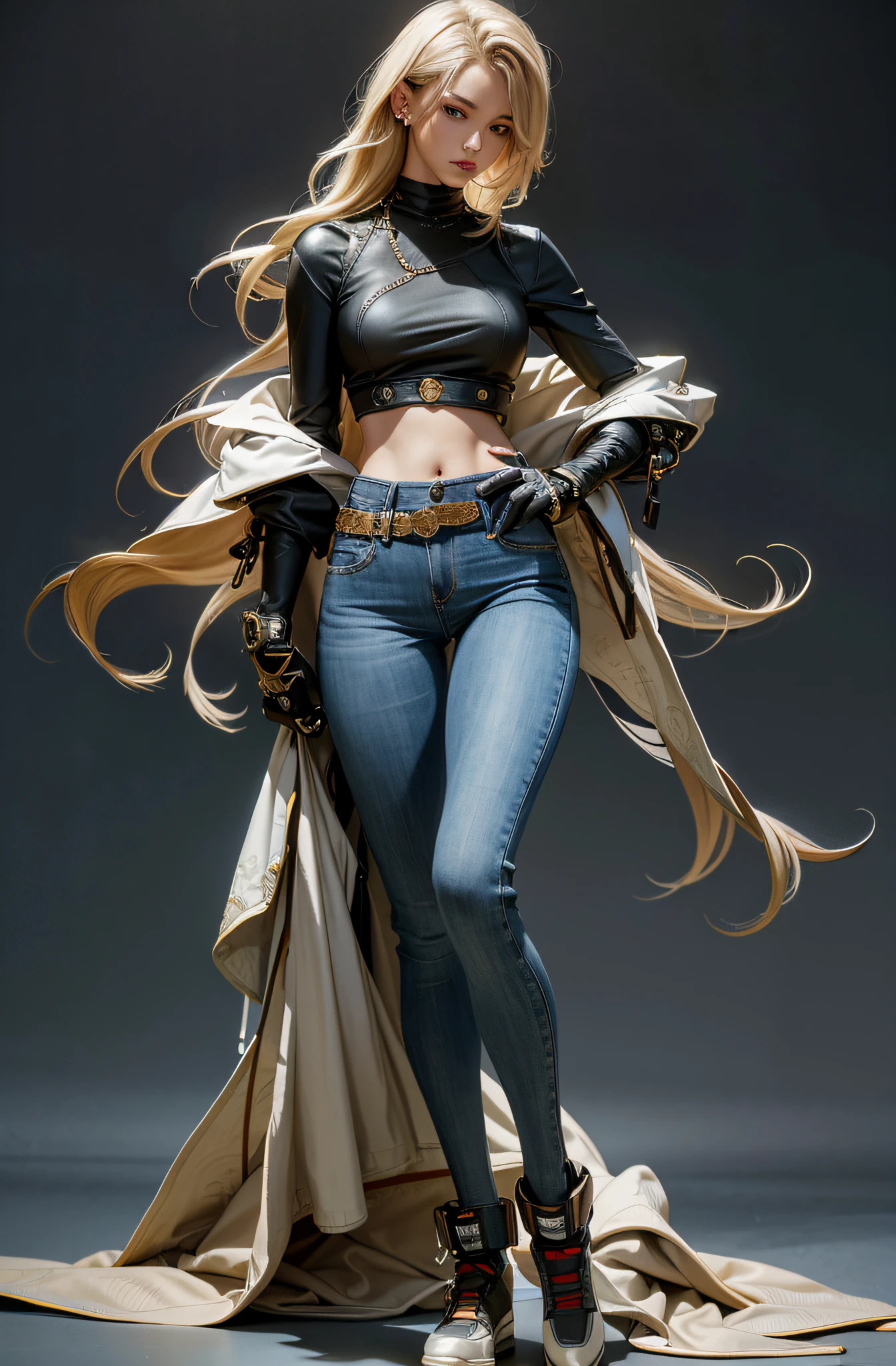 masterpiece, best quality, 4k, blonde girl, delicate face, 15, with a black top and blue pants, (wearing jeans), blue sneakers, realistic shaded perfect body, full body details, hand on hips, full body close-up shot, highly detailed whole body, waist-shot, shaded cel: 15, realistic SFW proportions.