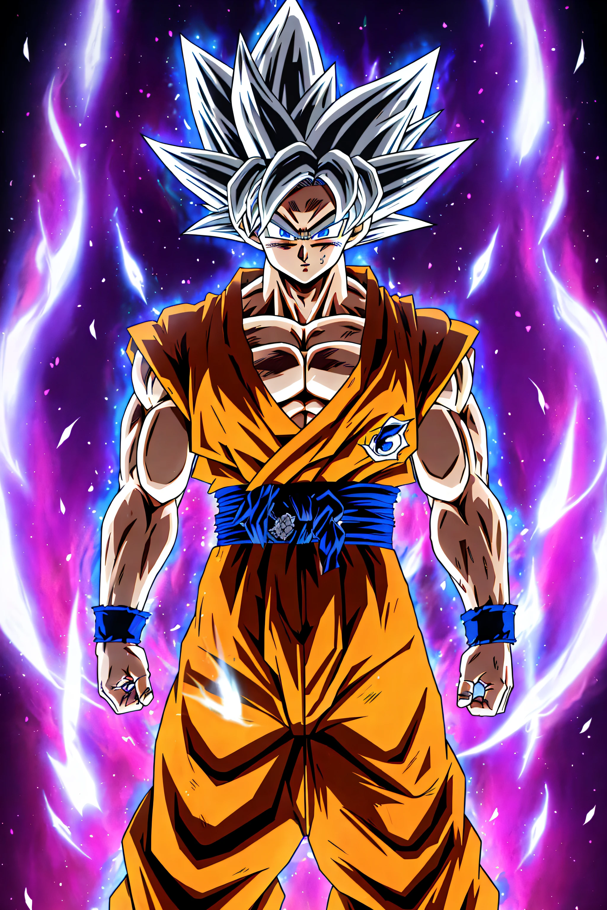 full_body, Son_Goku, Perfected_Ultra_Instinct, silver_hair, silver_eyes, aura,