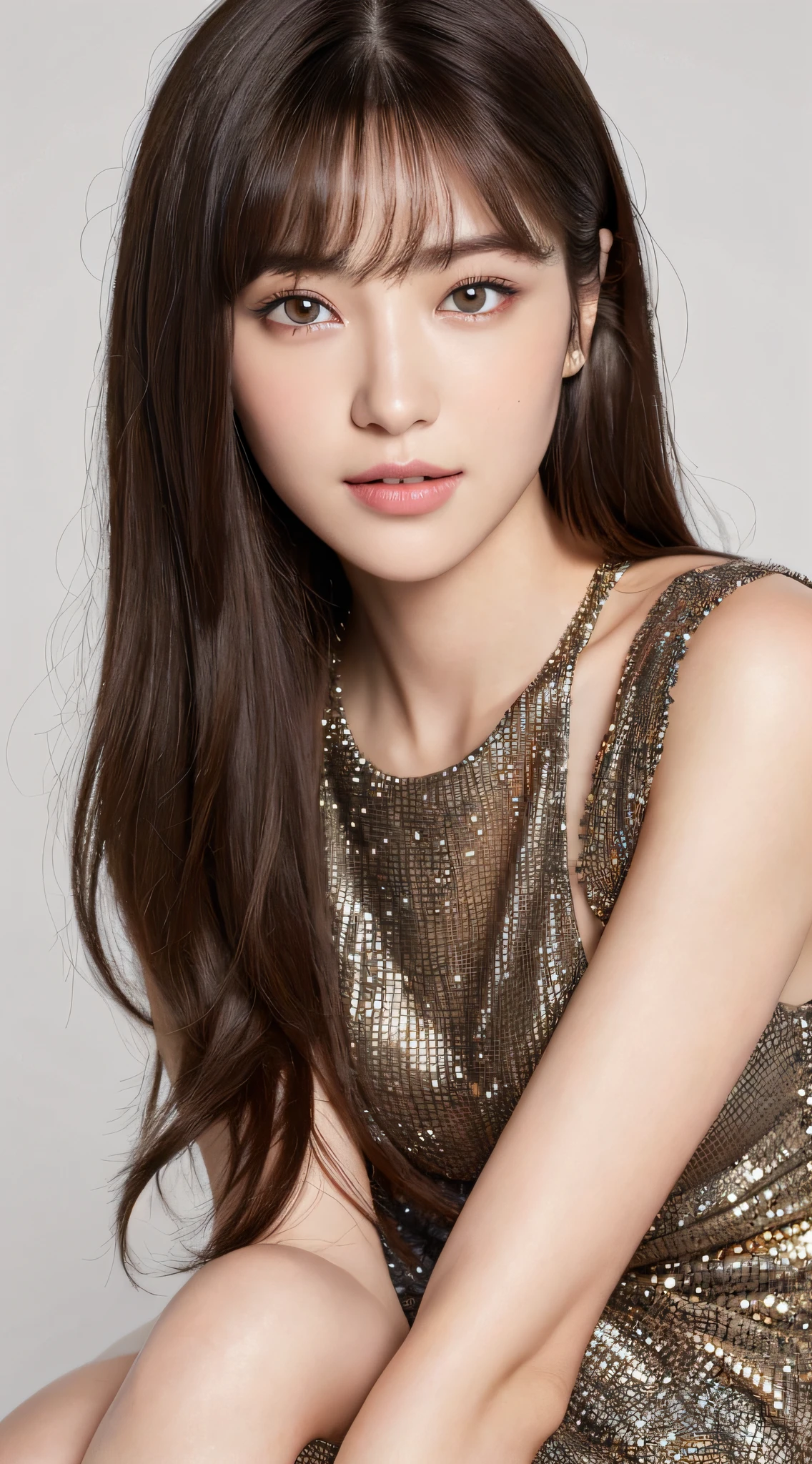 ((top quality, realistic eyes, 8k, masterpiece: 1.3)), 1 girl, smile, full body, slim face, pretty woman, (dark brown hair), full-length dress: 1.1, ultra detailed face, detailed eyes, double eyelids, white background, long hair with bangs, head to knee angle