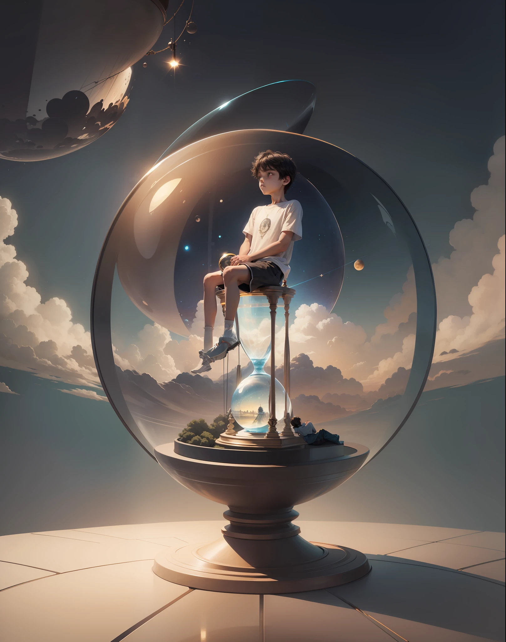 A lonely boy, wearing shorts, sitting on a huge hourglass, expressionless, looking forward melancholy, background art, ethereal, suspended in the universe, the universe is all suspended hourglass,