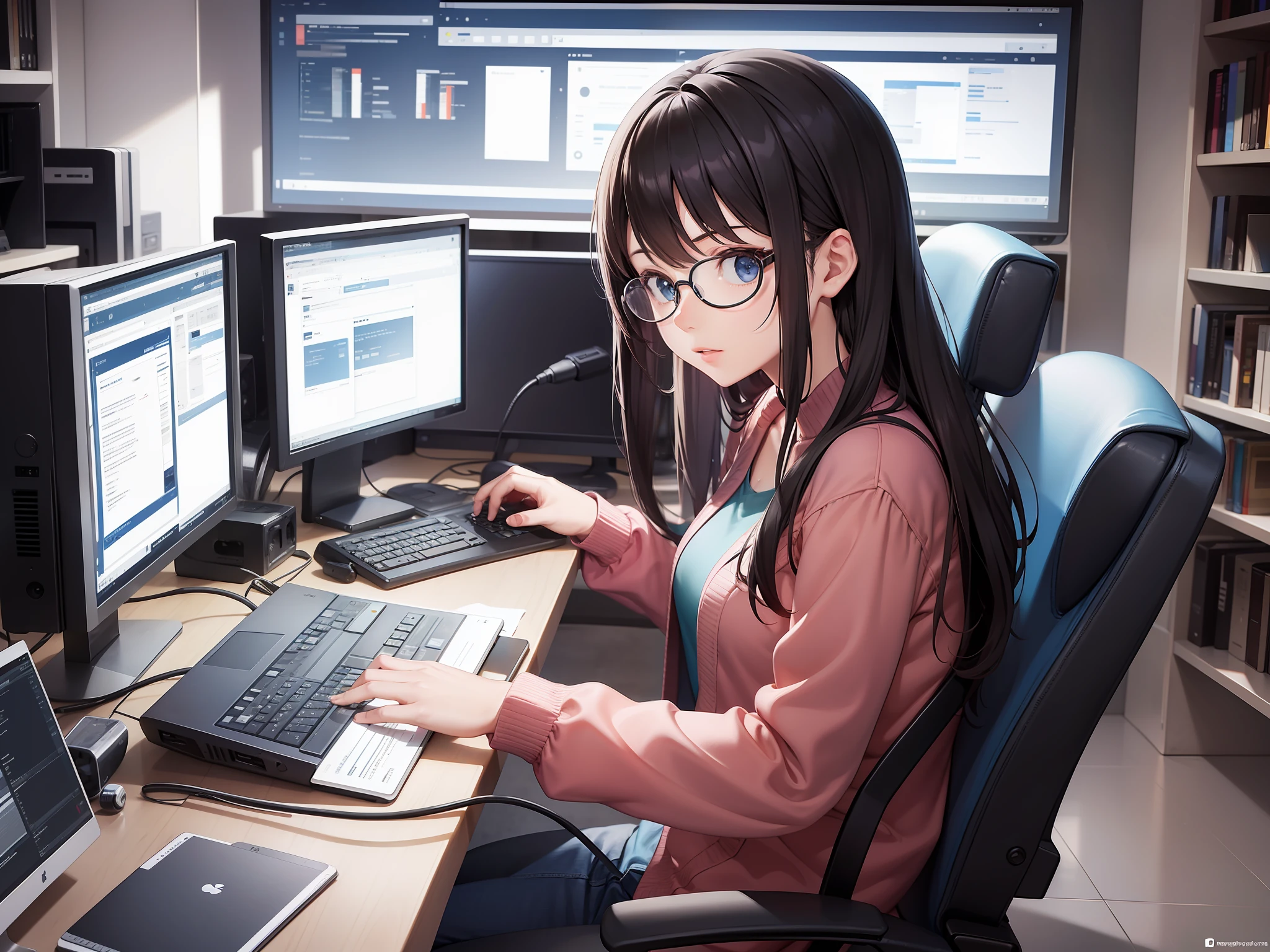 webscraping, computer, engineer, women, anime, illustration, solo, sitting, computer, thin round glasses with frame