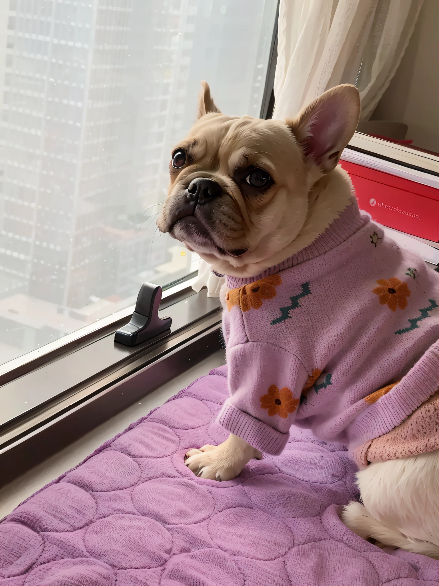 French bulldog in sweater sitting on purple cushion, sitting on her bed, she has a cute expression face, wearing a floral dress, she has a cute face, wearing a sweater, sitting in her room, sunflowers in the background, bright and sunny, sitting on bed, sunny weather, sunny day, her face looks like an orchid