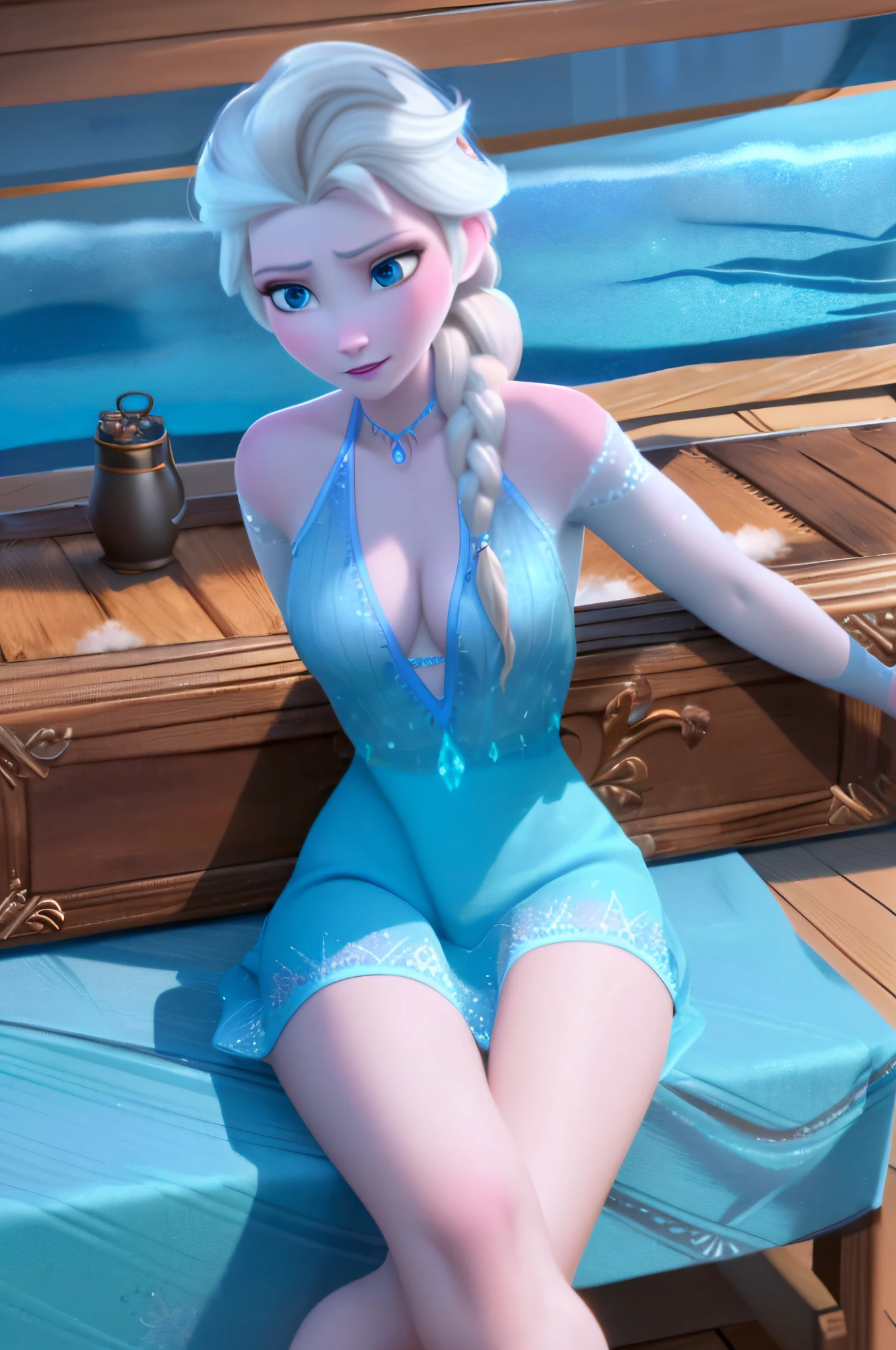 (masterpiece, best quality), 1girl, elsa of arendelle, bikini, blue clothes. single braid, cleavage, sitting, soft, legs, warm lighting, bedroom, night, winter, vibrant colors, thin waist, choker, close up photo