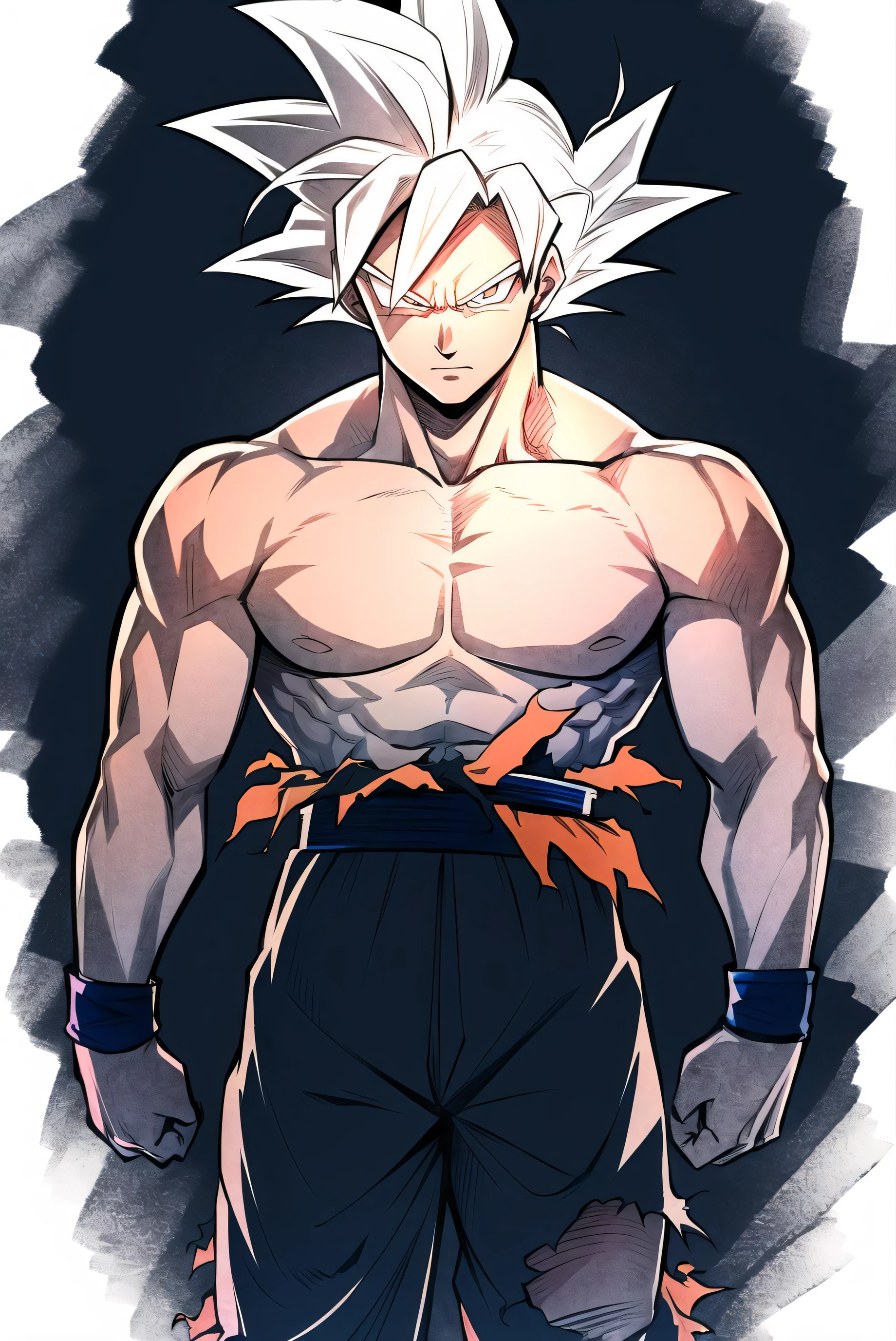 son goku, 1boy, closed mouth, male focus, muscular, muscular male, rock, sash, serious, solo, spiked hair, topless male, torn clothes, ultra instinct, white eyes, white hair, ((masterpiece))