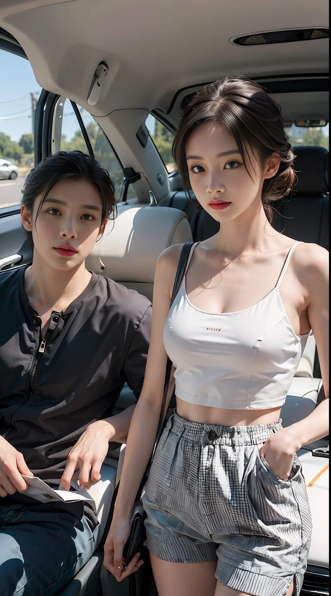Two people, a man and a woman, couple, beautiful woman, wearing a top, shorts, handsome man, suit, car,