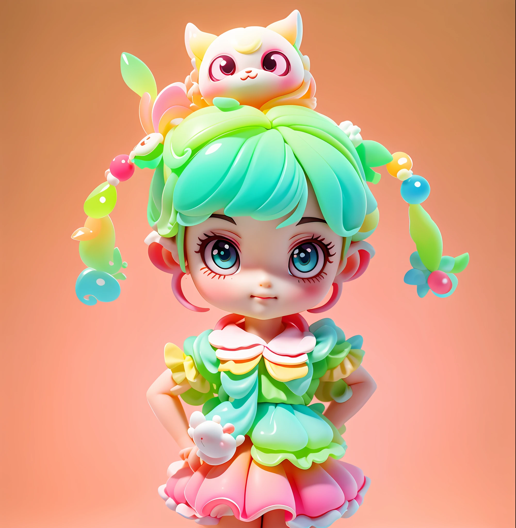 Detailed plastic materials, ((same character, front, side, back)) best quality, (very detailed model), (best quality), octane rendering, ray tracing, very detailed, 3D toys , exaggerated huge hair,  girl (full body) (3D hair, cute hair accessories, ((children)), beautiful eyes, cute big eyes, cute face, pink and green gradient, drum skirt, cute skirt, chib, fluorescent half Transparent, colorful, plastic, children, transparent, product design, luminous jelly, exquisite and cute plastic, beautiful light and shadow 3d, digital art, translucent plastic bubble gum, close-up, 3d, ultra-detailed, generate front view, side view, rear view three views , borderless, c4d, Octane rendering, Blender, HD, full body, simple background! - v6