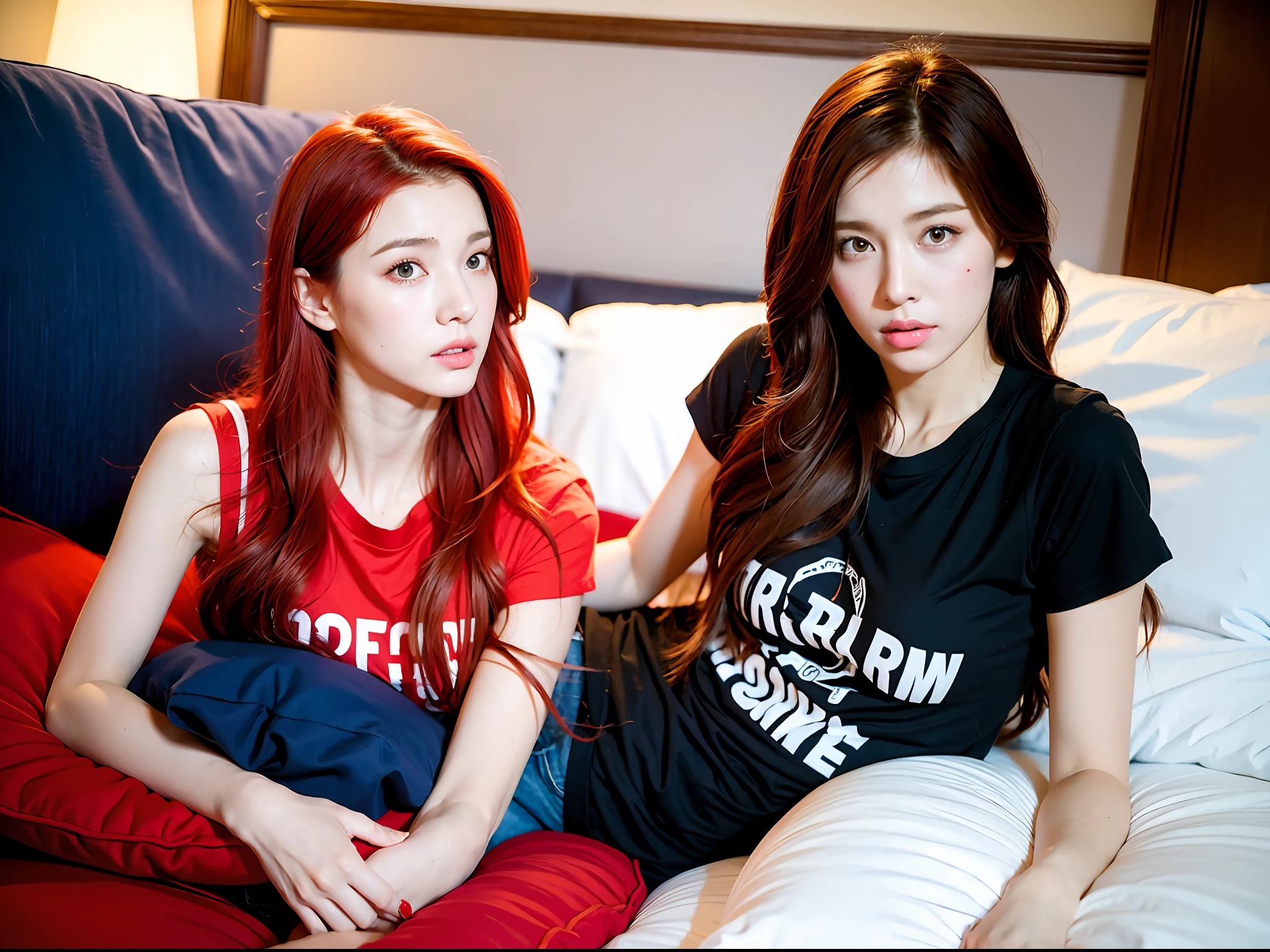 Friends, a red-haired girl and a brunette girl, fighting in the bedroom, pillow war, vibrant scene, strong colors, perfect photograph, realistic, masterpiece, perfect lighting, perfect body, detailed, pillow battle, t-shirt and lingerie