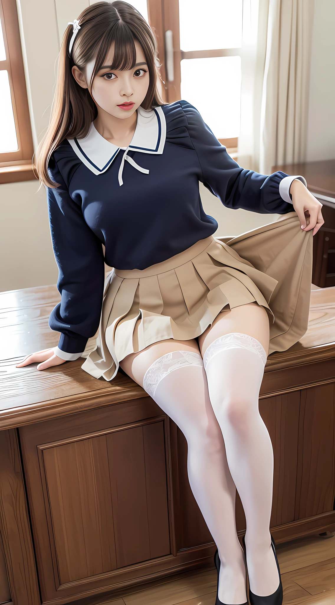 (8k, original photo processing, best quality, masterpiece: 1.2, thighs,), (realistic, realistic, photo realistic: 1.37), ultra-detailed,
Beautiful and delicate eyes, beautiful delicate nose, huge, JK uniform, pleated skirt, stockings