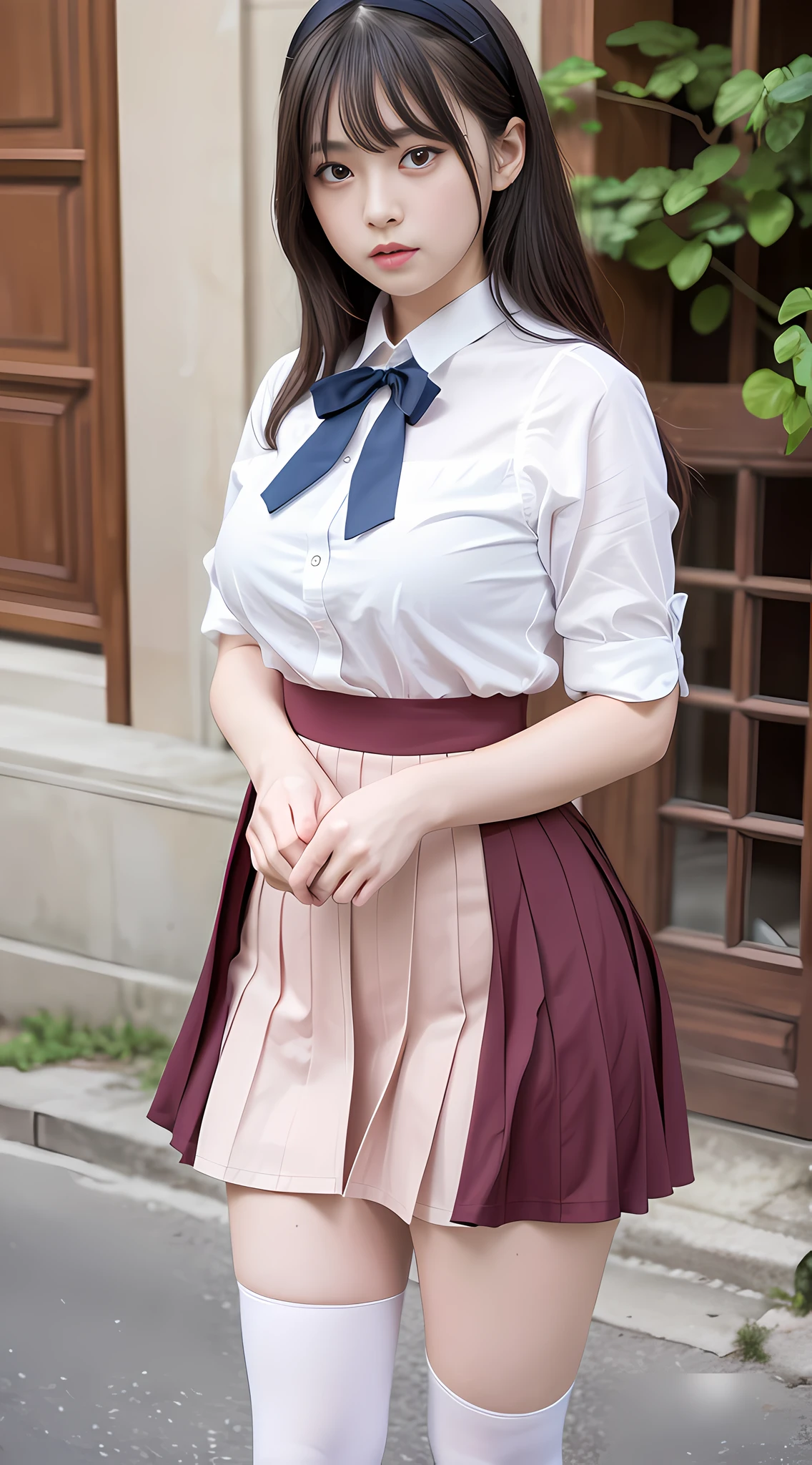 (8k, original photo processing, best quality, masterpiece: 1.2, thighs,), (realistic, realistic, photo realistic: 1.37), ultra-detailed,
Beautiful and delicate eyes, beautiful delicate nose, huge, JK uniform, pleated skirt, stockings