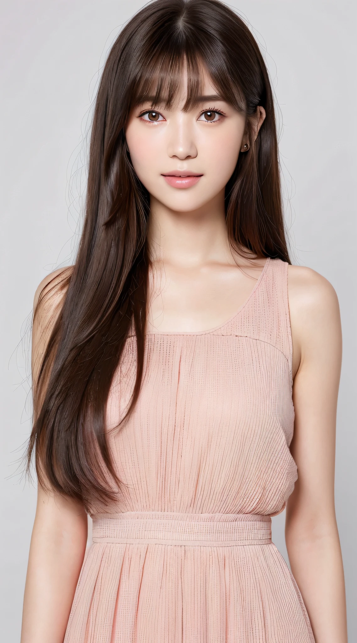 ((top quality, realistic eyes, 8k, masterpiece: 1.3)), 1 girl, smile, full body, slim face, pretty woman, (dark brown hair), full-length light pink dress: 1.1, ultra detailed face, detailed eyes, double eyelids, white background, long hair with bangs, head to knee angle, standing,