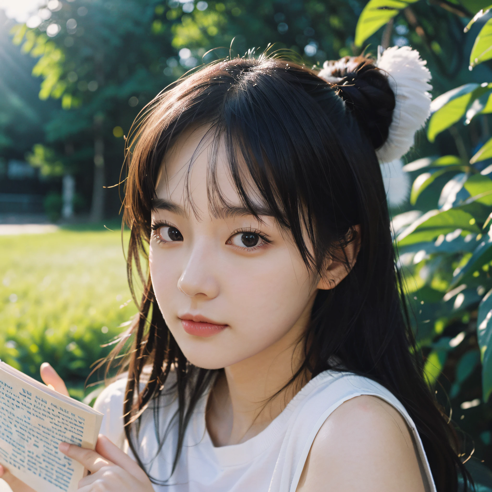 Best Quality, Masterpiece, Ultra High Resolution, (Realistic: 1.4), Original Photo, Head Photo, Skin, Simple Background, Black Eyes, Detail, Selfie, 1 Girl, Reading, Sunshine, Looking at the Viewer,