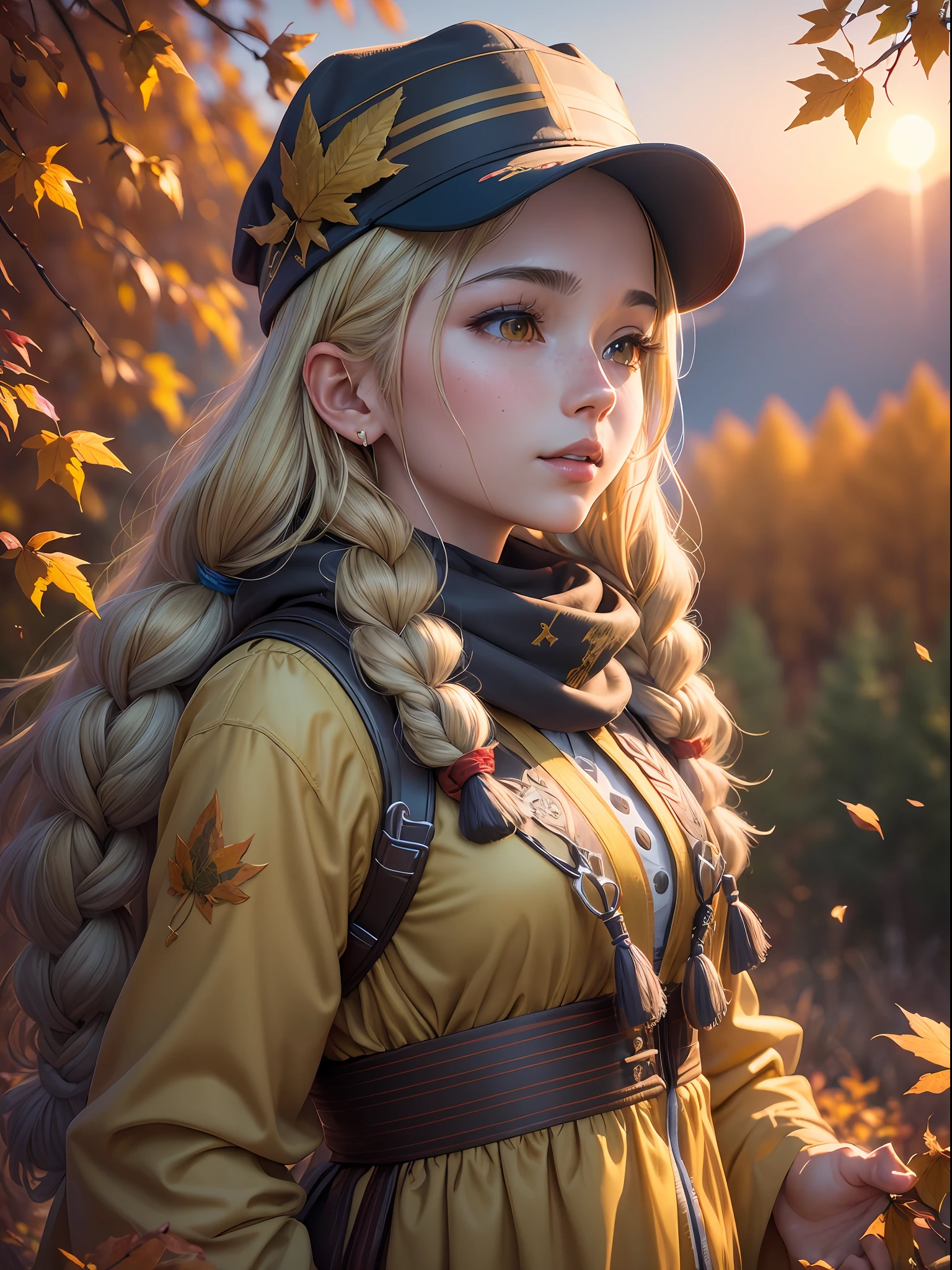 (masterpiece, high resolution:1.5) , (high school student enjoying vacation:1.2), (hiking on Mount Fuji:1.2), (casual attire:1.4), (long hair styled in twin braids:1.4), (wearing a red cap:1.4), (proportional body:1.3), (sunny day illuminating the scene:1.4), (autumn leaves falling, creating a picturesque setting:1.4), (capturing the beauty of sunset:1.5), (magical yellow eyes sparkling:1.4), (sense of wonder and enchantment:1.2), (peaceful atmosphere:1.2), (immersing in nature's splendor:1.2), (expressing the joy of exploration:1.2), (serene moment amidst natural wonders:1.2), (memories etched in golden hues:1.2), Cinematic, Hyper-detailed, insane details, Beautifully color graded, Unreal Engine, DOF, Super-Resolution, Megapixel, Cinematic Lightning, Anti-Aliasing, FKAA, TXAA, RTX, SSAO, Post Processing, Post Production, Tone Mapping, CGI, VFX, SFX, Insanely detailed and intricate, Hyper maximalist, Hyper realistic, Volumetric, Photorealistic, ultra photoreal, ultra-detailed, intricate details, 8K, Super detailed, Full color, Volumetric lightning, HDR, Realistic, Unreal Engine, 16K, Sharp focus, Octane render