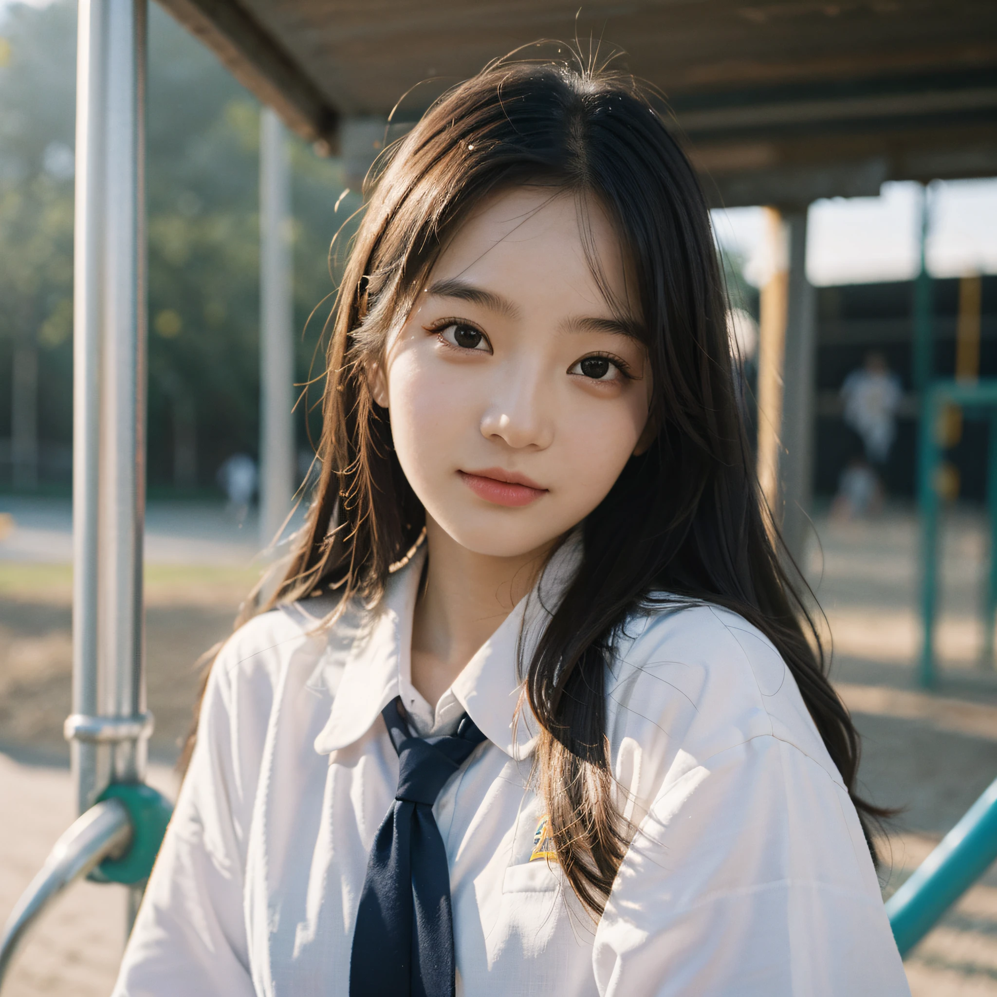 Best quality, masterpiece, super high resolution, (realistic: 1.4), original photo, head photo, skin, simple background, black eyes, detail, selfie, 1 girl, school uniform, sunshine, on the playground side, looking at the spectators,