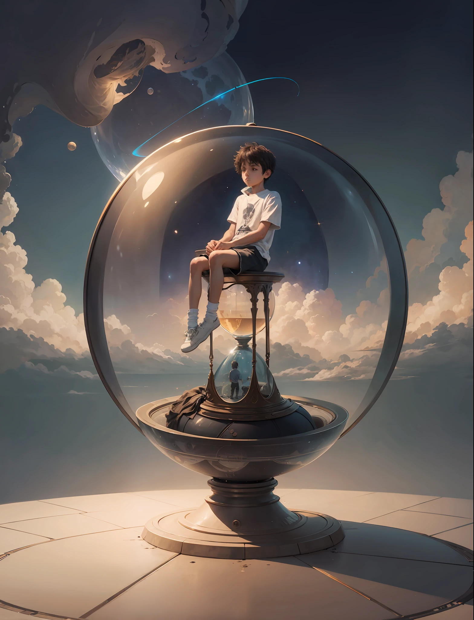 A lonely boy, wearing shorts, sitting on a huge hourglass, expressionless, looking forward melancholy, background art, ethereal, suspended in the universe, the universe is all suspended hourglass,
