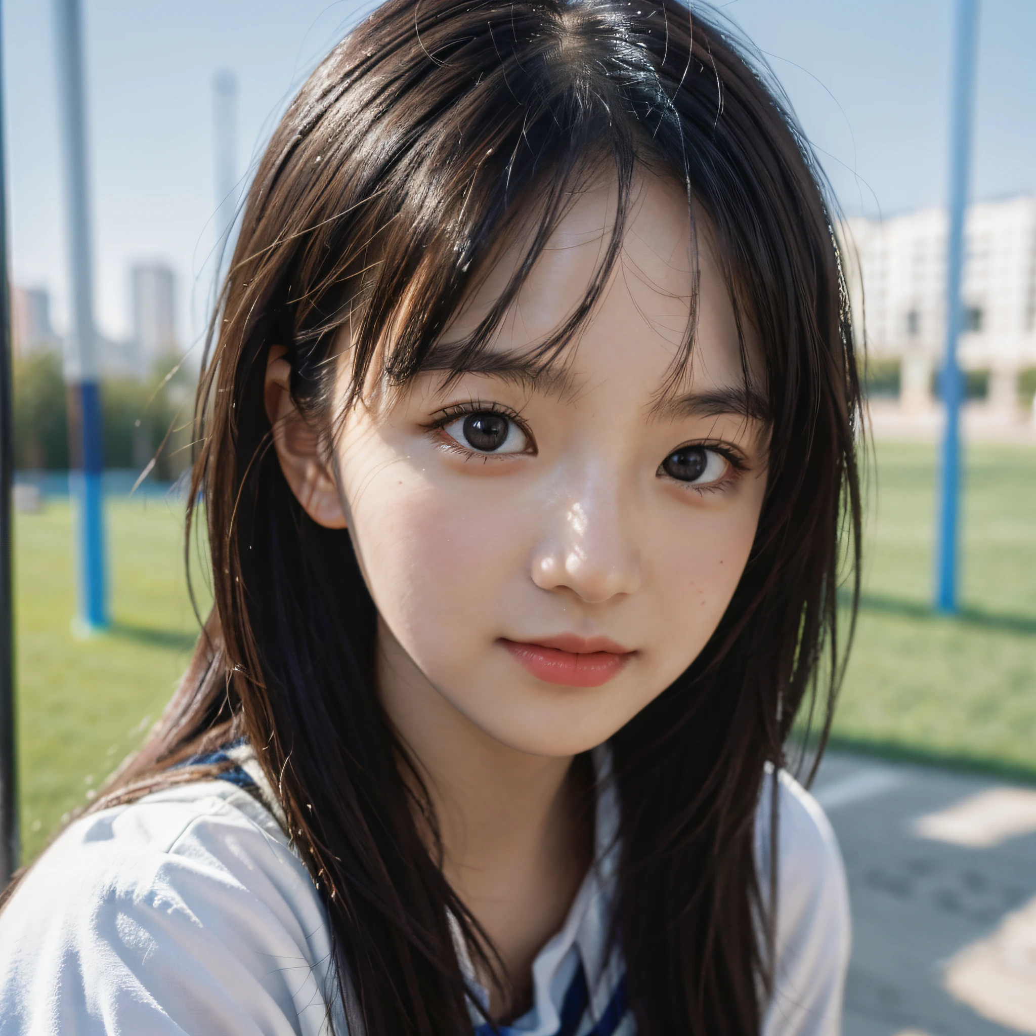 Best quality, masterpiece, super high resolution, (realistic: 1.4), original photo, head photo, skin, simple background, black eyes, detail, selfie, 1 girl, school uniform, sunshine, on the playground side, looking at the spectators,