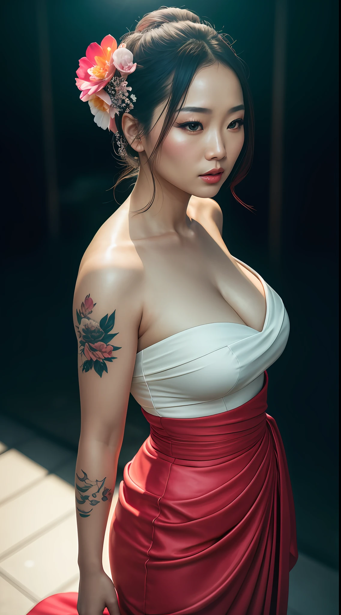 Masterpiece, full body, aerial view, a beautiful Japanese woman, looking at breasts and from above, huge breasts, makeup with pink eyeshadow, pink lips, white geisha dress, yakuza tattoos, day, very detailed lighting, dramatic, trend digital art on Artstation 8k HD high definition detailed realistic, detailed, skin texture, hyper detailed, realistic skin texture, Armor, best quality, ultra high res, (photorealistic: 1.4), high resolution, detailed, Raw photo, Sharp Re, by Lee Jeffries Nikon D850 Film Stock Photography 4 Kodak Portra 400 Camera F1.6 Lens Rich Colors Hyper Realistic Realistic texture UnrealEngine Dramatic lighting trend in ArtStation Cinestill 800