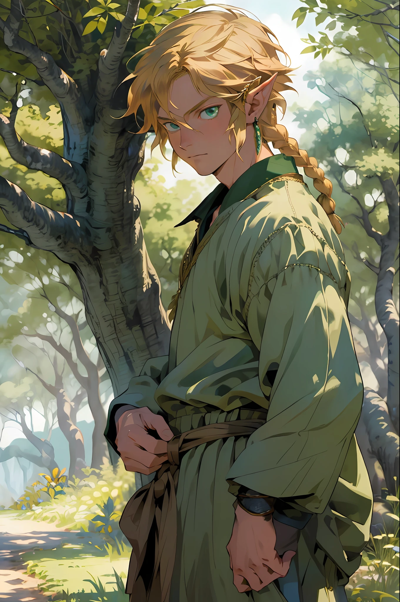 Realistic, (masterpiece, top quality, best quality, official art,), very detailed, most detailed, (1boy:1.3), gods, blonde hair, mysterious, handsome man, ((zelda style)), prairie, herdsmen, pale green clothes, ornaments, earrings, single braids
