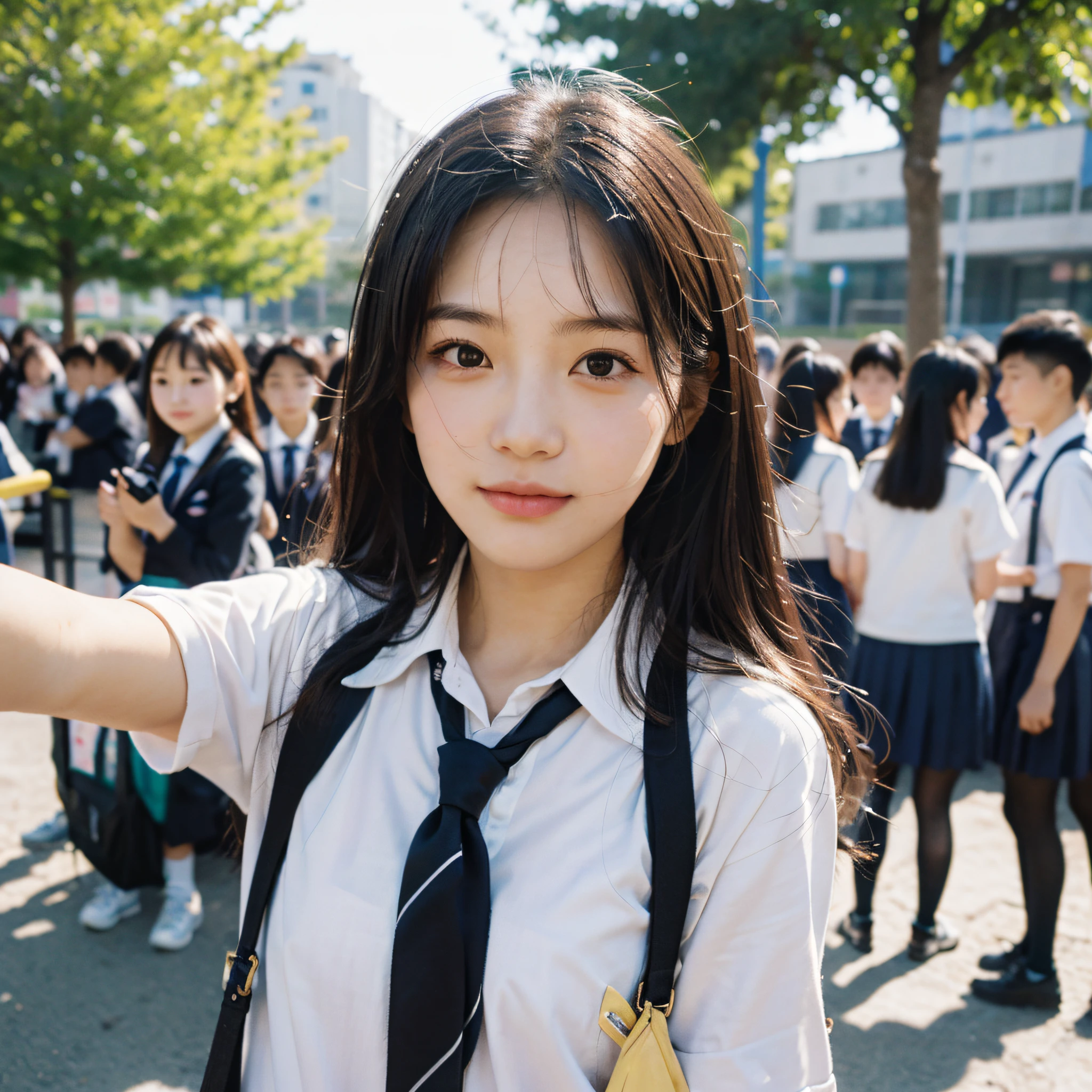 Best quality, masterpiece, super high resolution, (realistic: 1.4), original photo, head photo, skin, simple background, black eyes, detail, selfie, 1 girl, school uniform, sunshine, on the playground side, looking at the spectators,