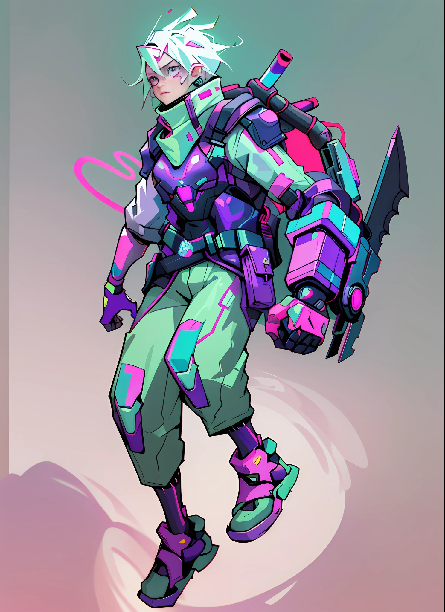(Extremely detailed CG unity 8k wallpaper, masterpiece, best quality, super detailed), (best lighting, best shadow, extremely refined and beautiful), floating, dynamic angle, (1girl), (cyberpunk style, neon), (red: 1.3 + purple + green: 1.2+ Blue: 0.9) hair, (Cyberpunk outfit: 1.3), metallic silver accessories, glowing eyes, high resolution, 3D art, Unreal Engine 5 style, clear lines, good facial features, good eyes, blue-purple gradient eyes
