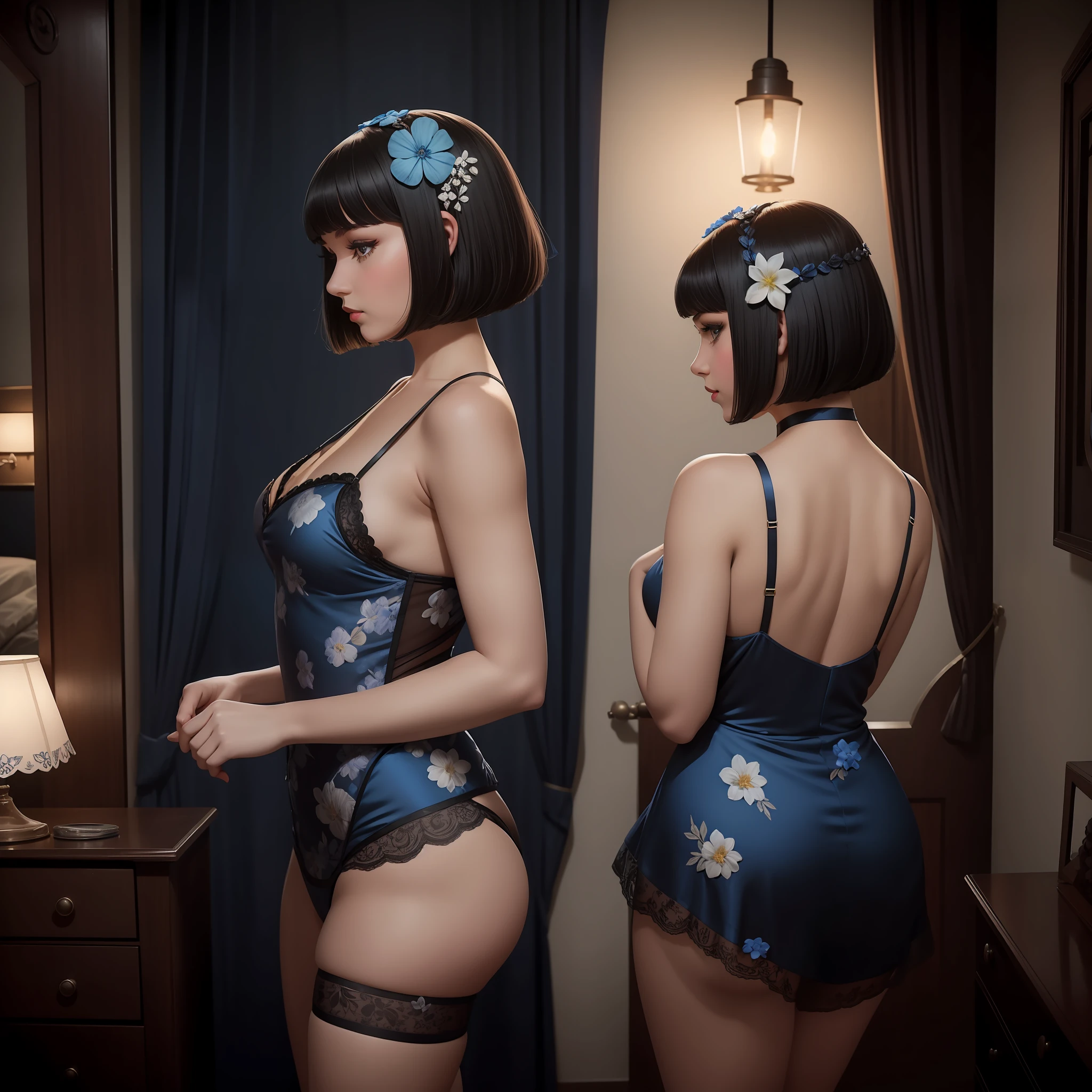 (1girl), (solo), Caucasian white girl, black bobcut hair with a flower in her hair, dressed in a blue burlesque outfit with 1940s flower pattern, in a bedroom, night, she is standing, from behind