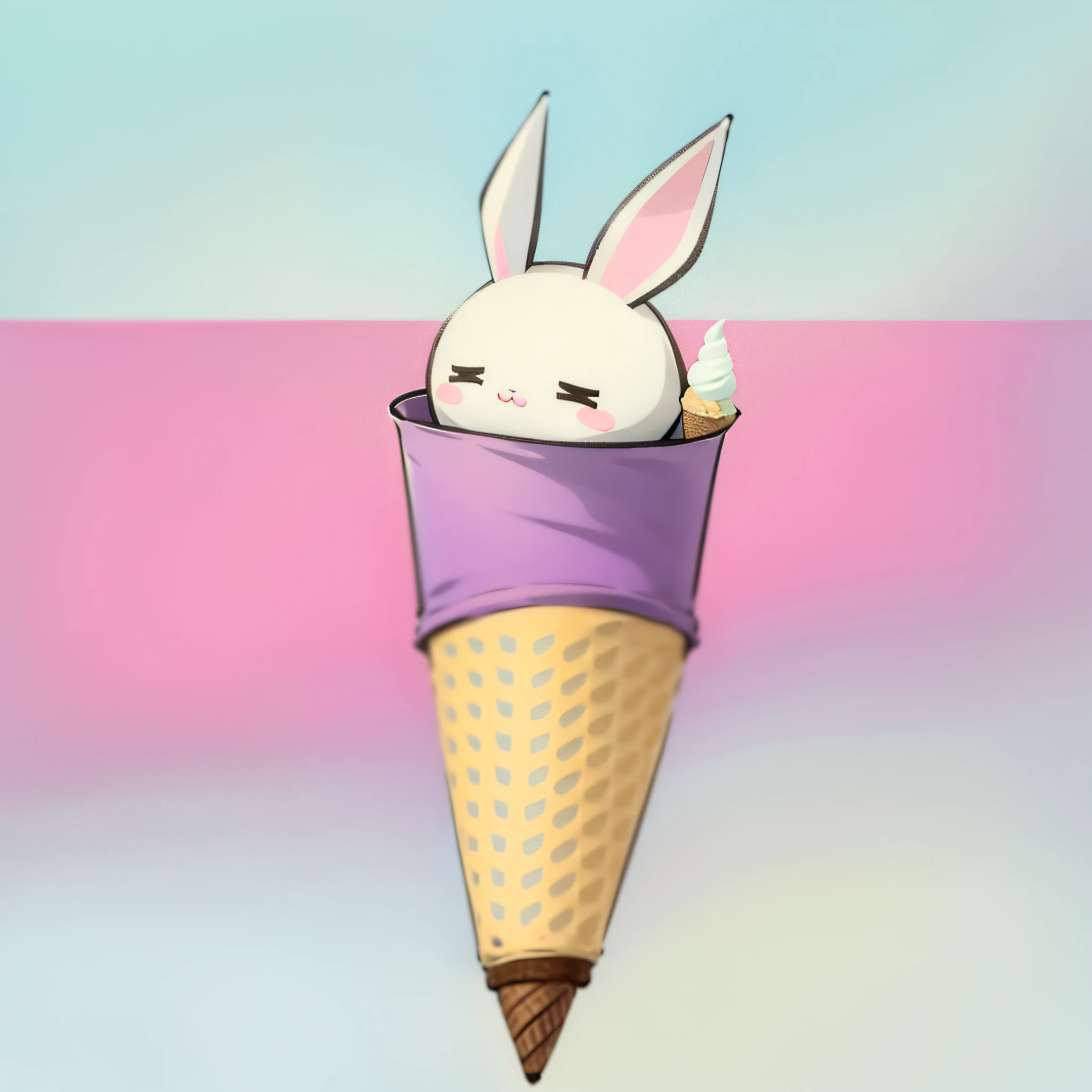 A cute little rabbit lying on a cone, ice cream cone, eyes closed, ice cream, kawaii, pastel color, 2D, cute wind, clear