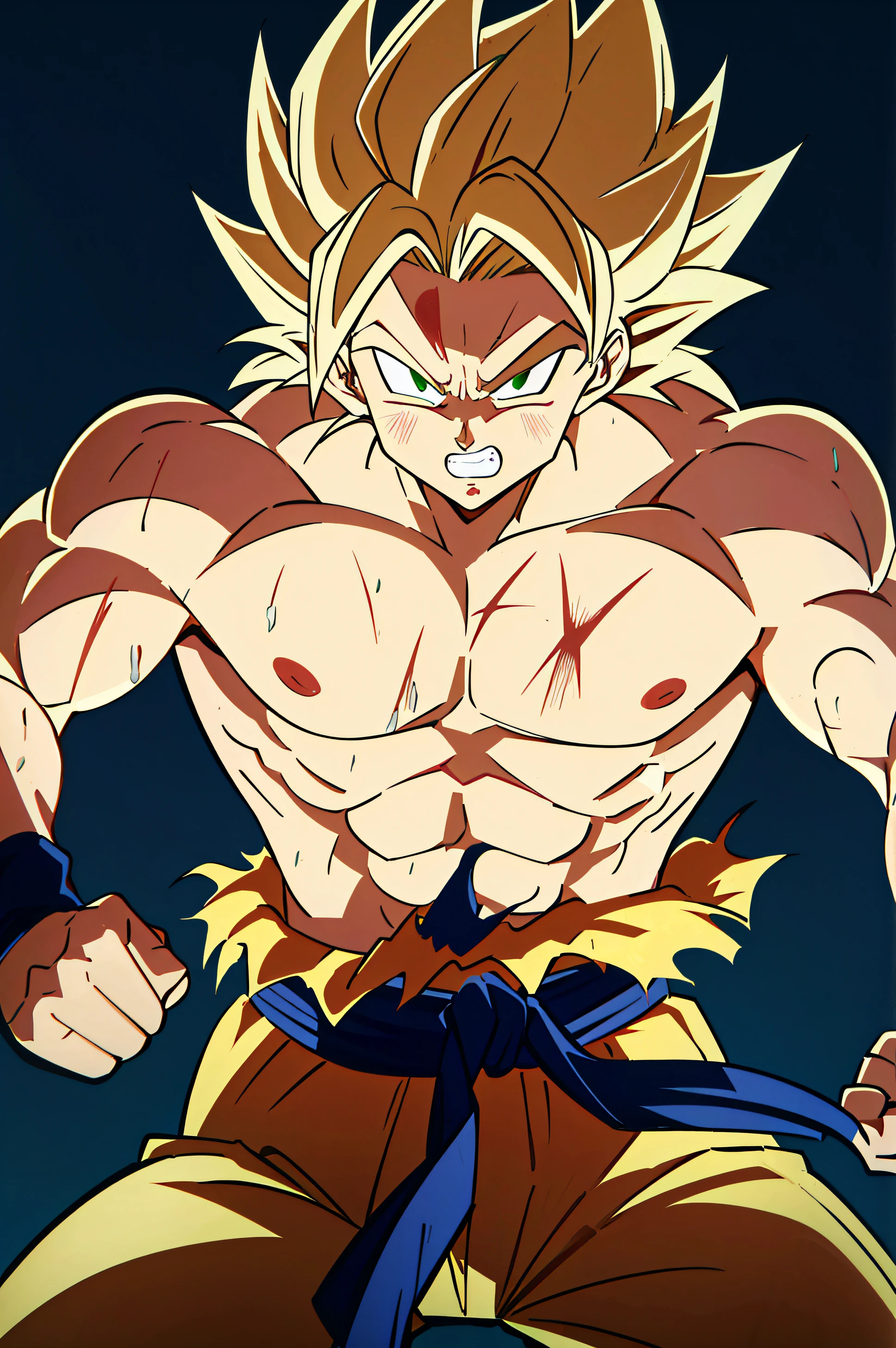 koe no katachi, son goku, 1boy, angry, battle damage, blonde hair, blue sash, clenched teeth, furious, green eyes, male focus, muscular, muscular male, pectorals, sash, solo, spiked hair, super saiyan, super saiyan 1, teeth, topless male, torn clothes, wristband, ((masterpiece))
