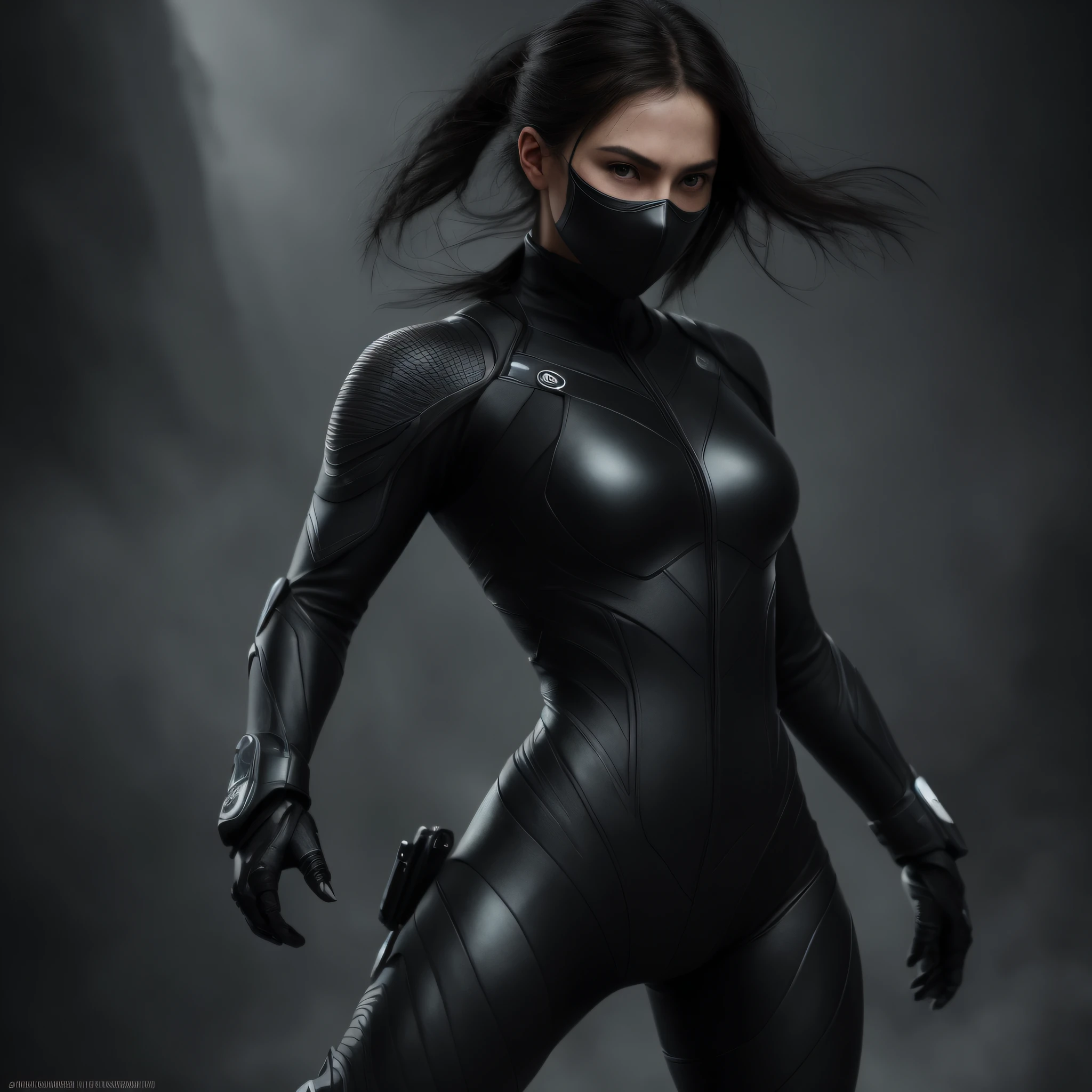 . Futuristic young woman, in a Black Ninja suit by gesaffelstein, action pose, epic scene, lots of fine detail, movie style, photography, natural textures, natural light, natural blur, photorealism, cinematic rendering, ray tracing, highest quality, highest detail, Cinematic, Blur Effect, Long Exposure, 8K, Ultra-HD, Natural Lighting, Moody Lighting, Cinematic Lighting, hyper-realistic,  vibrant,  8k, detailed, ultra detail,