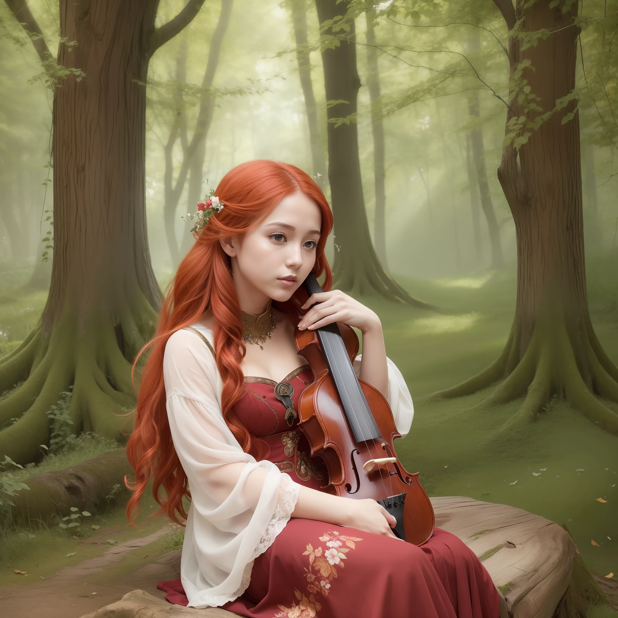 Imagine a magical scene wrapped in golden and reddish hues. In a stunning setting at dusk, in the heart of an enchanted forest, a beautiful red-haired angel is sitting on an ancient tree trunk. Her hair as red as flames dances softly in the wind. She is dressed in an elegant long wine-colored dress, adorned with nature-inspired details. In her lap, she gracefully holds a dark wooden violin, adorned with delicate floral carvings. His wings rest beside his body. The light of the setting sun penetrates between the trees, creating soft rays that illuminate the scene. The red-haired woman's face reflects serenity and passion as she places the bow delicately on the violin strings. His eyes sparkle with enchanting intensity, overflowing with emotion as he begins to play a mesmerizing melody. As the music fills the air, the surrounding nature seems to come to life. Colorful butterflies dance around the woman, wrapped in a melodic spell. The trees extend their branches as if they were bowing to the harmony of the music. The leaves fall in a synchronized rhythm, creating a vibrant carpet of colors around it. In this magical moment, the red-haired woman enchants both with her radiant appearance and with her transcendental music. Its melody echoes in the forest, leading all who hear it to a state of pure fascination. The image captures this fleeting moment, in which beauty, music and nature come together in perfect harmony.