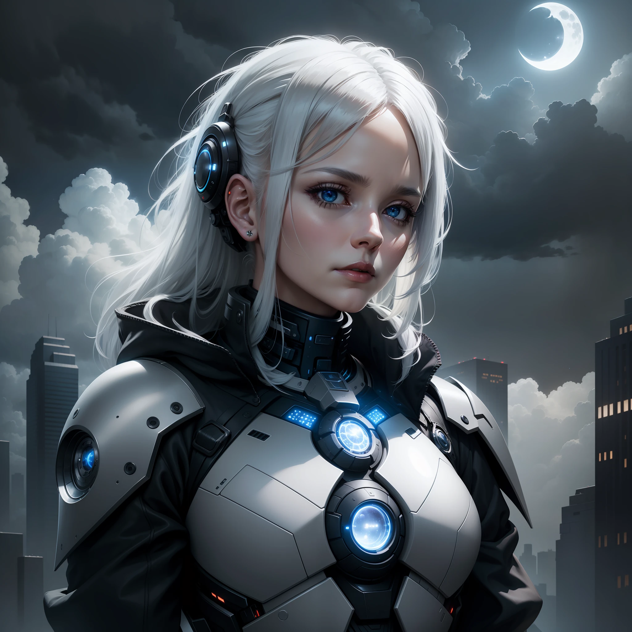 1woman,solo, elderly,white haired
, mature, masterpiece, best quality, detailed cyborg AI sky, cloudy_sky, building, moonlight, moon, night, (dark theme:1.3), light, fantasy.
