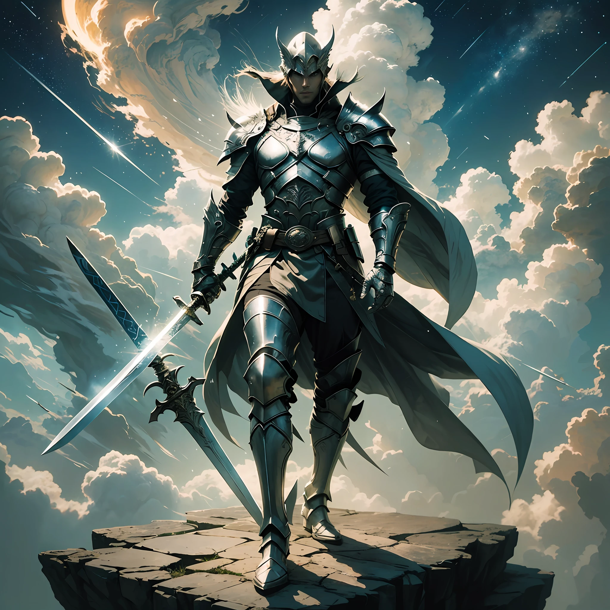 The man stands in the clouds, holding a sword
Flying under the stars
A sense of mystery and power
Sleek, graceful posture
Strong visual impact
A picture full of fantasy and imagination --auto --s2
