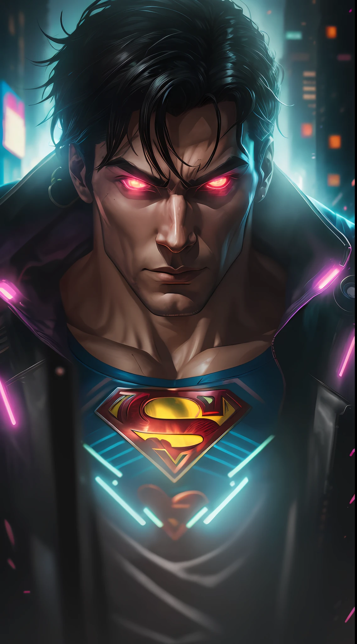 Superman from DC, neon ring on background, cyberpunk art style, cyberpunk style, cyberpunk style, cyberpunk character, hyper-realistic cyberpunk style, cyberpunk color, powerful lighting, motion synchronization, dynamism, charged energy, hot action