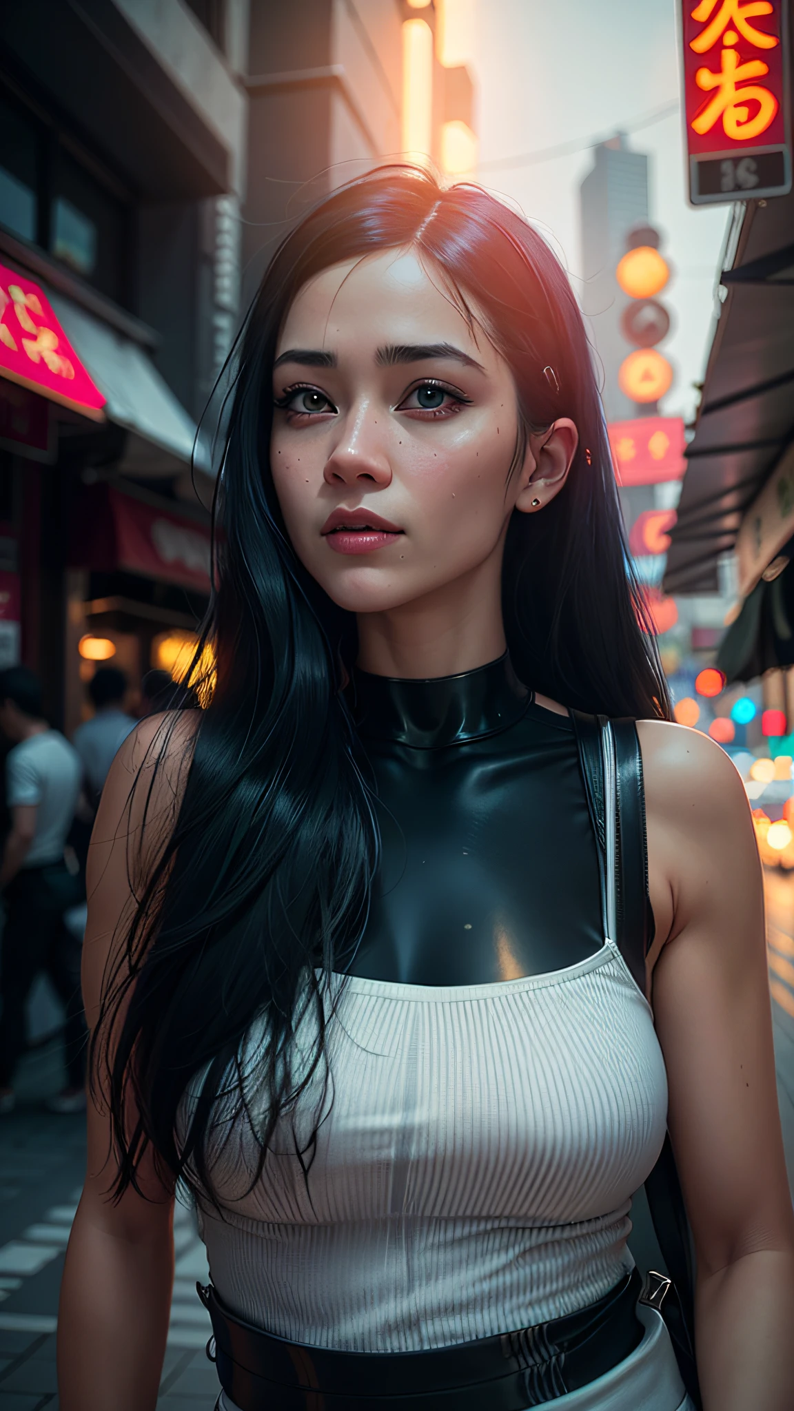 Videl Dragonball, serious face, white t-shirt, black leggings, original black long hair, long eyelashes, beautiful eyes with brightness, surrealism, shadow, stereogram, (photorealistic, realistic: 1.2), POV, atmospheric perspective, cinematic lighting, ray tracing, 8k, super detail, best quality, masterpiece, well detailed, (Canan EOS R6, 135mm, 1/1250s, f/2.8, ISO 400:0.9), cyberpunk, neon, neon signs, ramen shops