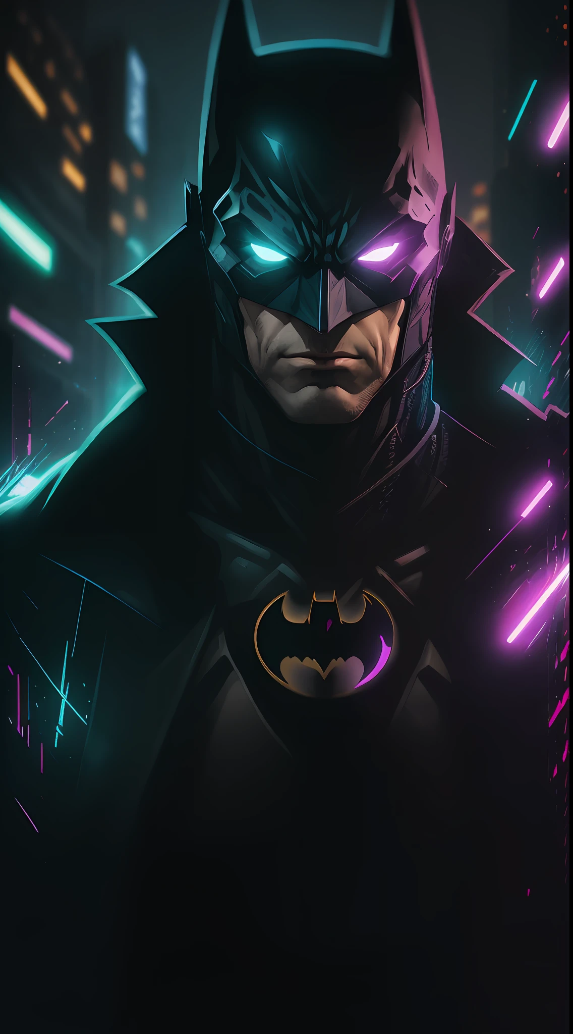 Batman from DC, neon ring on background, cyberpunk art style, cyberpunk style, cyberpunk style, cyberpunk character, hyper-realistic cyberpunk style, cyberpunk color, powerful lighting, motion synchronization, dynamism, charged energy, hot action