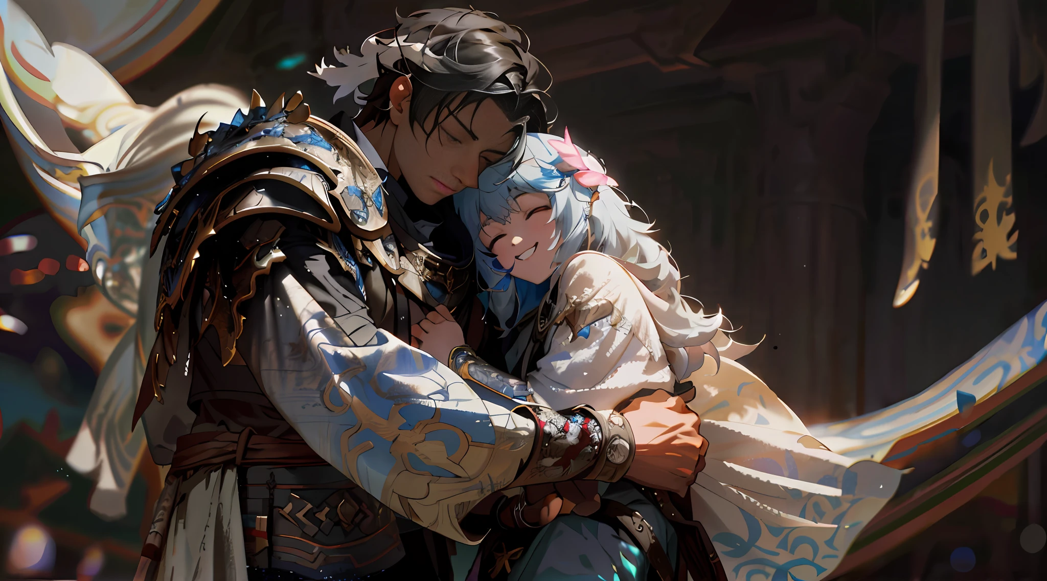 Alafard man in armor holding a child in a scene from the movie Chronicles, WLOP and Sakimichan, Ross Tran and WLOP, Guweiz-style artwork, WLOP and Ross Tran, Sakimichan and Frank Franzzeta, Ross Tran 8 K, fantasy style 8 K octane rendering, Guweiz, little girl smiling, epic fantasy art, The man's hands are more detailed, with only five fingers, and the man's hands are more detailed, and the fingers are bandaged